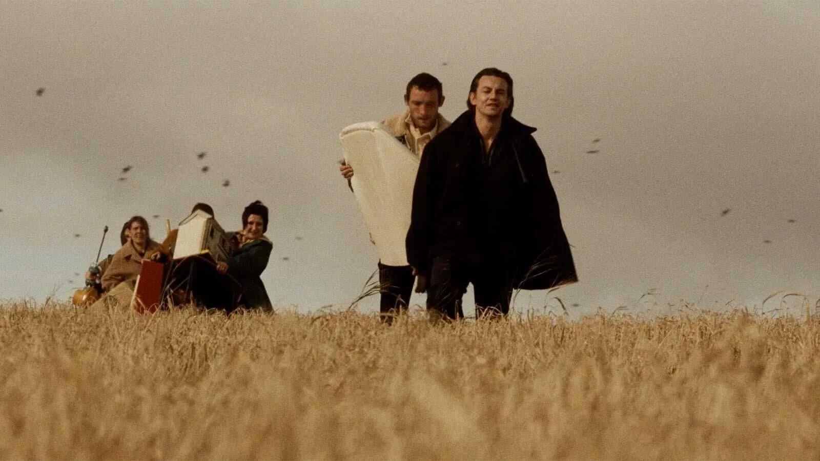 Four people walking through a field of tall, golden grass under an overcast sky, with some birds flying overhead.