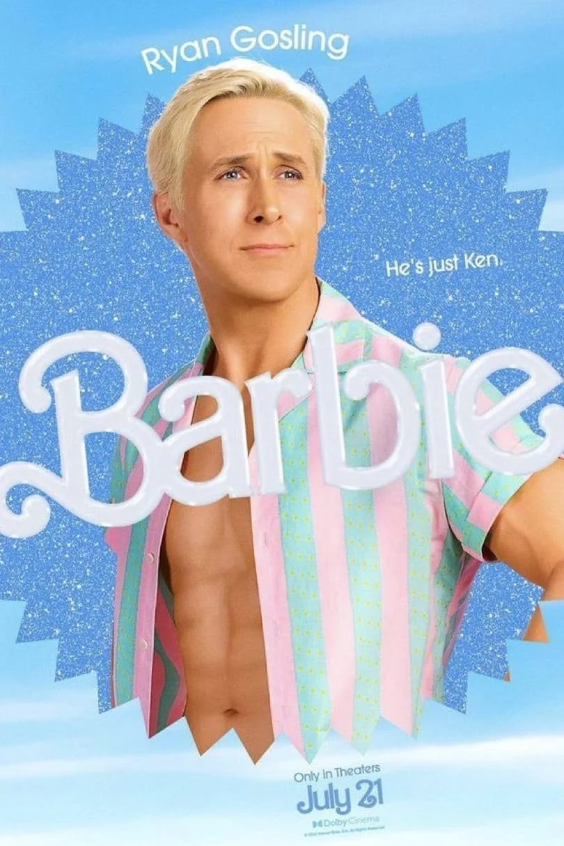 Promotional poster for the movie 'Barbie' featuring Ryan Gosling with blonde hair, wearing a colorful striped shirt with no undershirt, standing against a blue background with glitter elements. The title 'Barbie' is prominently displayed in large white letters, with the release date of July 21 at the bottom.