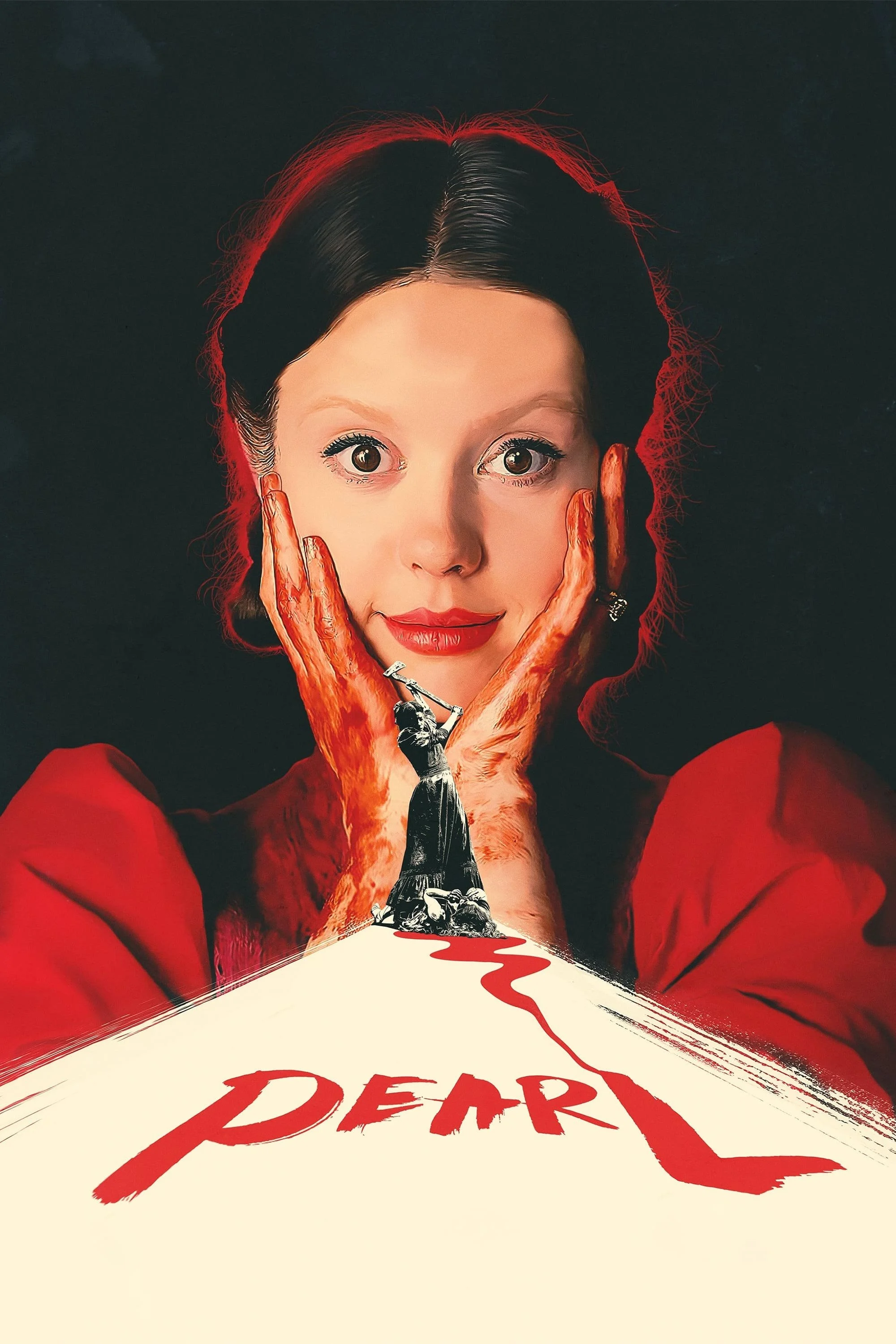 A large poster featuring a woman with a fair complexion, bright red lipstick, and dark hair with a red outline. The woman is holding her face with her hands, which are painted red. Below her face, there is a small illustrated figure of a woman standing on a white path with red accents, holding a sword. The word 'DEAR' is written in red along the path.