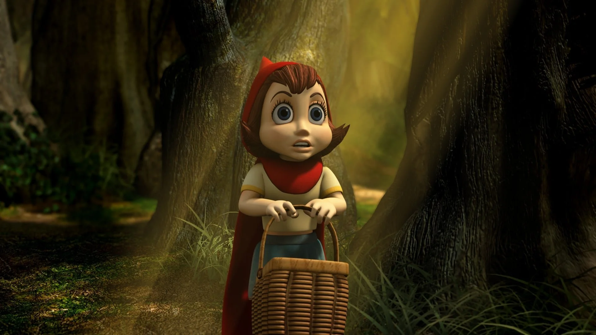 Animated girl with big eyes and surprised expression, wearing a red hood and cape, holding a wicker basket in a forest.
