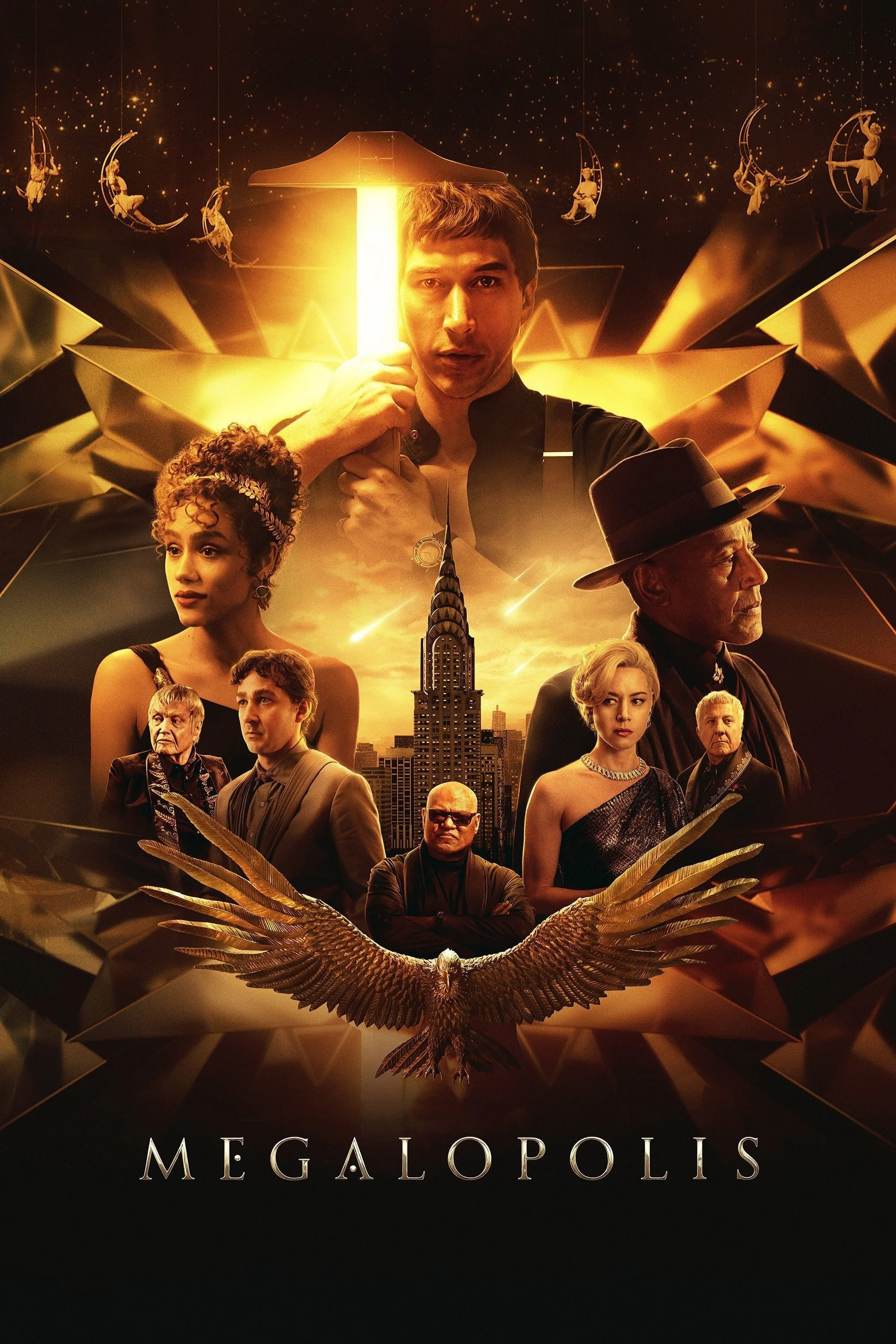 Poster for the movie 'Megalopolis' featuring a large man holding a torch at the top center, with a city skyline, an eagle with outstretched wings, and several characters in dramatic poses. DILLIES