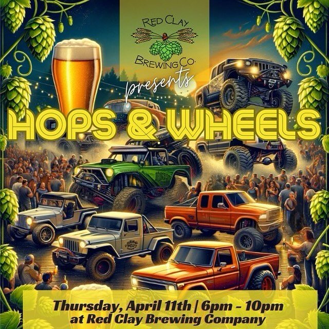 🍻✨&nbsp;🛻💨&nbsp;Get Ready for HOPS &amp; WHEELS Night! ✨🍻&nbsp;🛻💨
Date: Thursday, April 11th
📍 Location: Red Clay Brewing Company, Opelika, Alabama
🕗 Time: 6 PM onwards

Join us under the stars for a thrilling evening where the love for craft