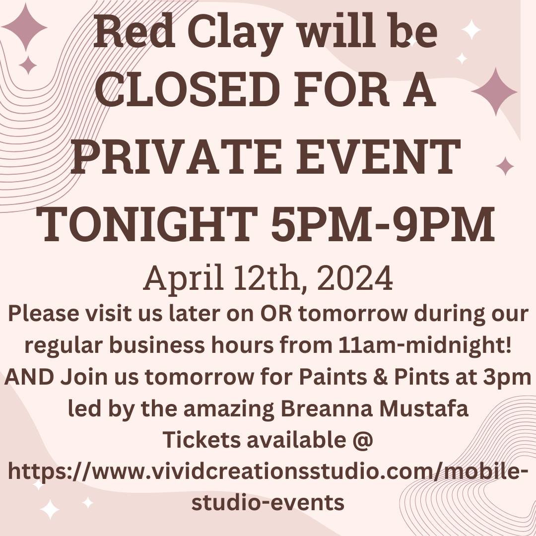 Closed tonight 5-9pm for our future service members!
Join us tomorrow during our regular business hours! And don't forget to book tickets for our Pint and Paint event at 3pm! Tickets available @ https://www.vividcreationsstudio.com/mobile-studio-even