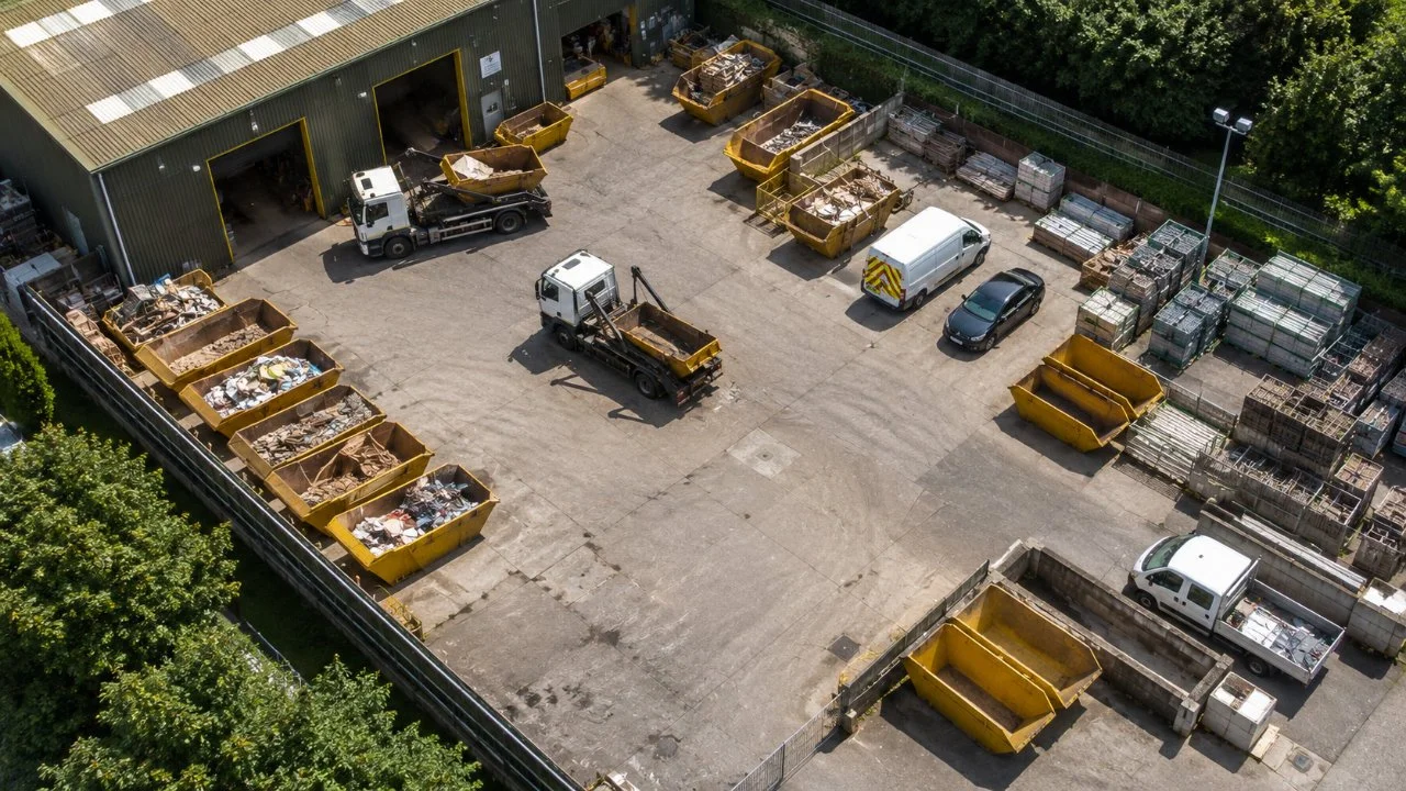 An aerial view of a waste disposal yard with several yellow dumpsters filled with scrap metal and debris, surrounded by parked trucks, vans, and storage racks with materials, next to a large industrial building.