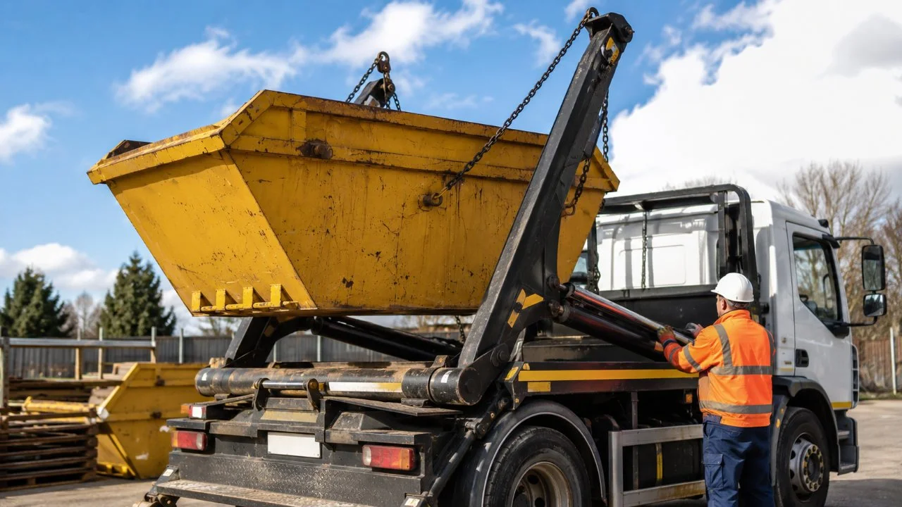 Construction worker in orange safety vest and white helmet operating a waste disposal truck with a yellow dumpster on a construction site.