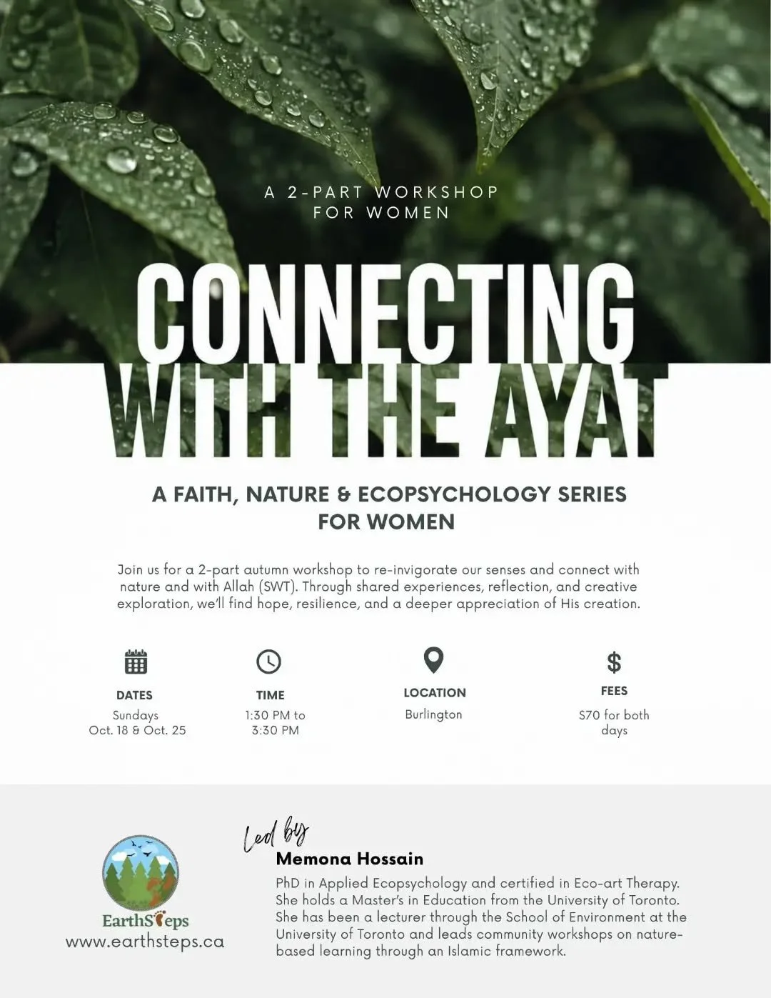 Connecting with the Ayat: A Faith, Nature &amp; Ecopsychology Series for Women

DM for registration link! Limited spots remaining!

Join us for a 2-part autumn workshop designed to re-invigorate our senses and connect with nature and with Allah (SWT)