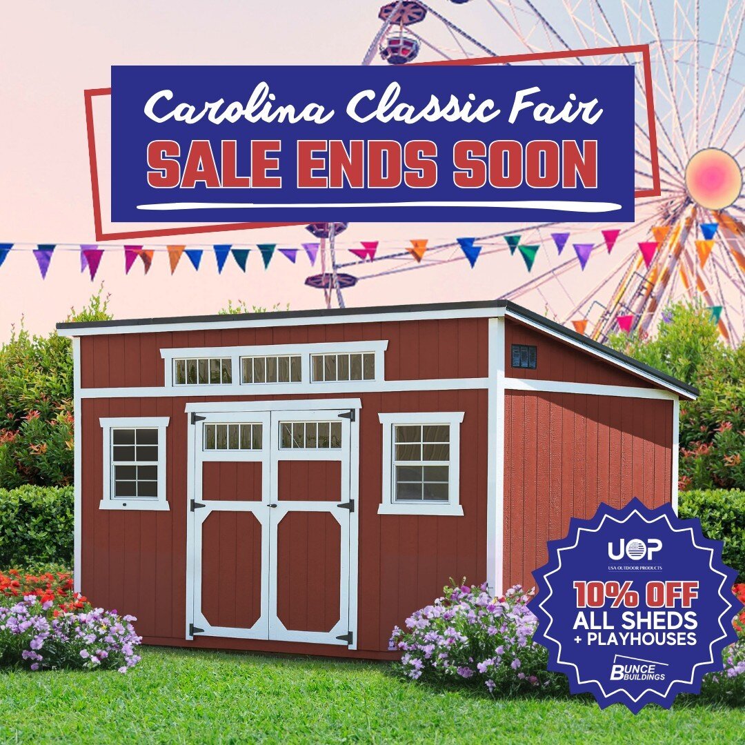 Don't miss out on these incredible savings deals at the Carolina Classic Fair. Sale ends Sunday. 

Save 10% on sheds &amp; playhouses this weekend when you shop with us at the Carolina Classic Fair.

Come tour our selection of Children&rsquo;s Playho
