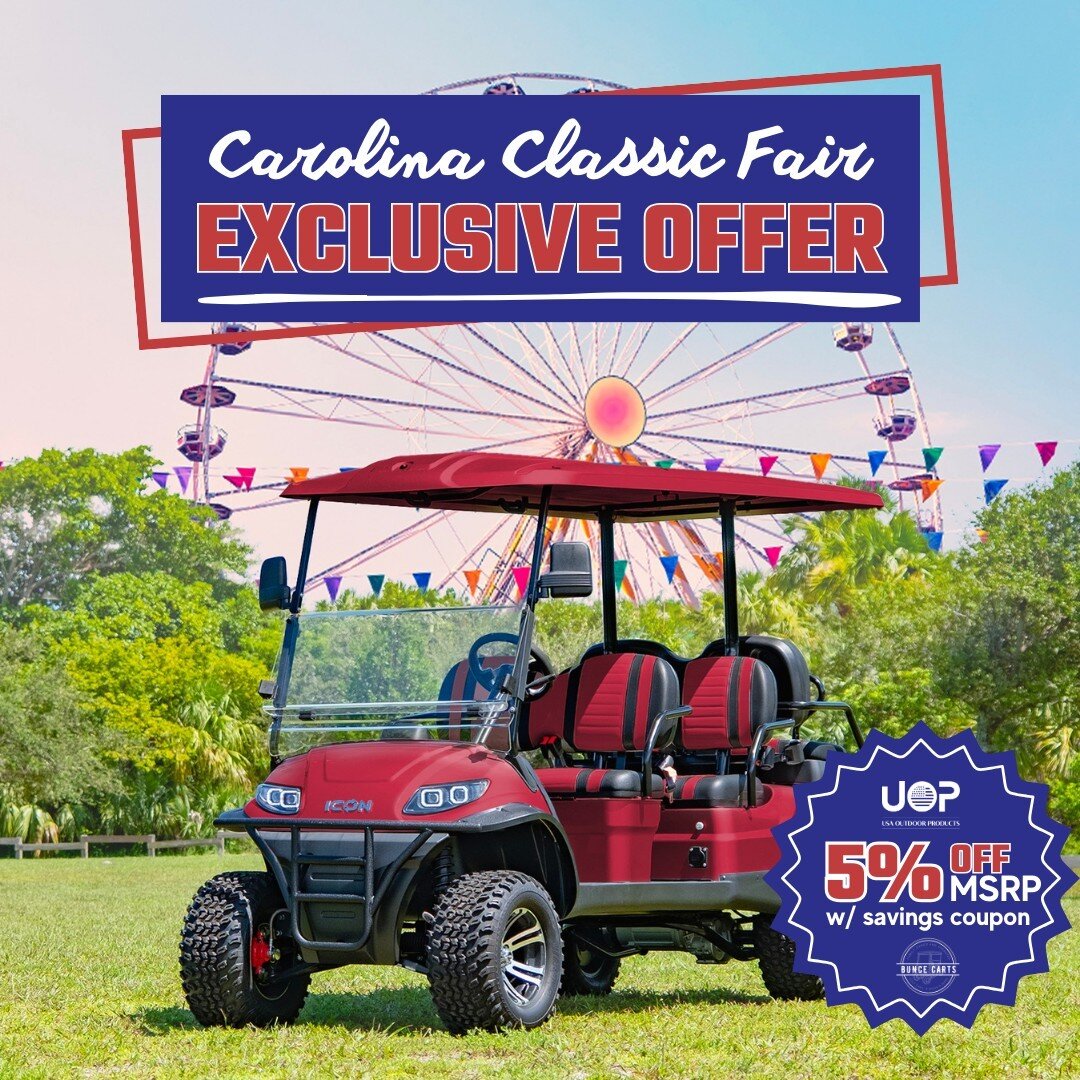 Visit us at the Carolina Classic Fair and save 5% off MSRP on a new golf cart or e-bike w/ exclusive savings coupon. Coupon expires Sun. 

Download your coupon now👇
https://buncecarts.com/exclusiveoffer
Link in bio

📍Located at the fair across from