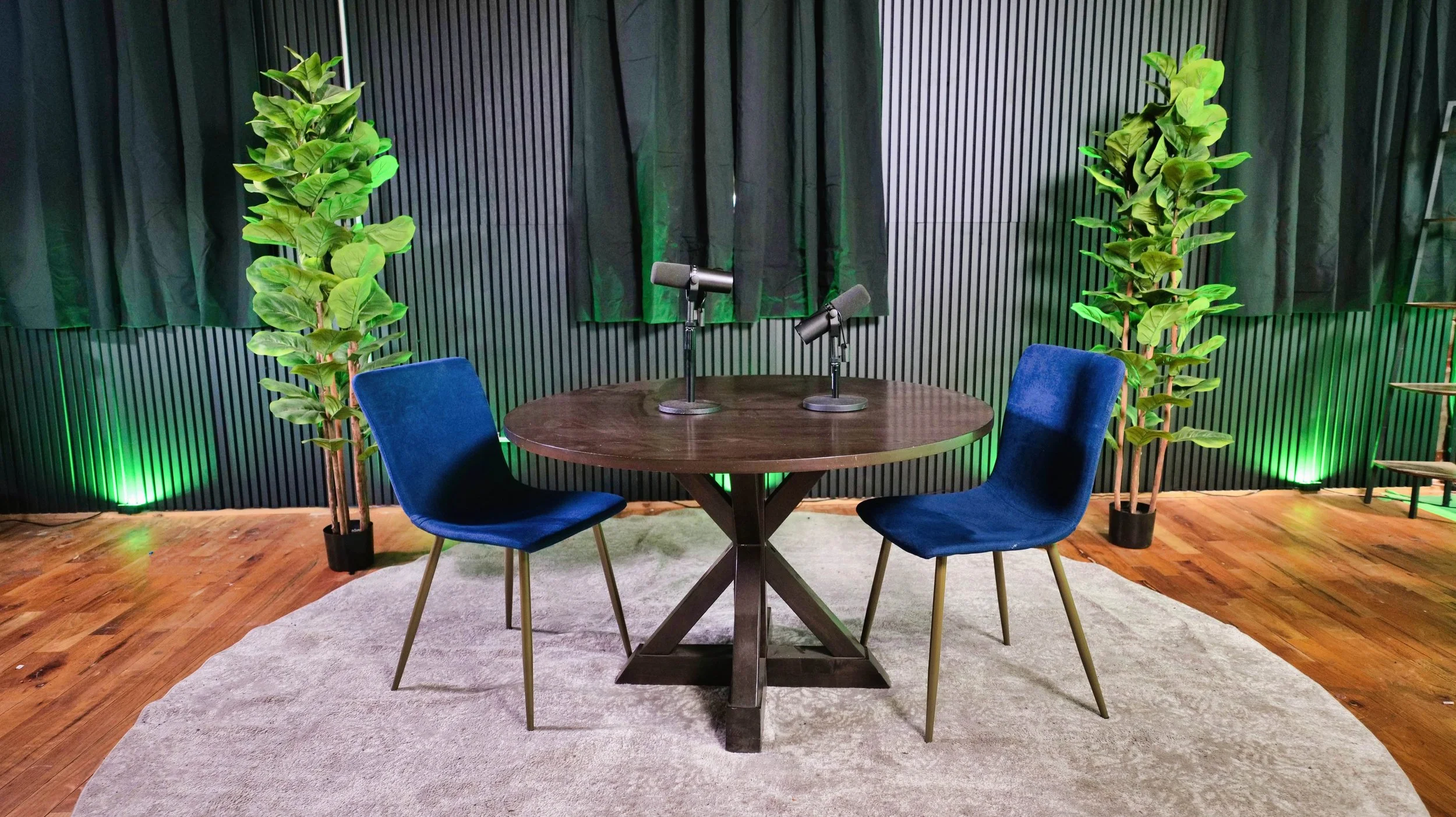 A round wooden table with a dark finish, two blue upholstered chairs, two microphones on stands, two tall potted green plants, green accent lighting on the wall, and a beige rug on a wooden floor.