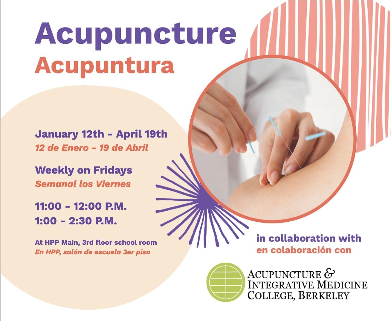 Acupuncture services are back at HPP! Every Friday until April 19th, 11-12pm and 1-2:30pm (for registered clients only). Special thank you to our partner, @aimc_berkeley for their collaboration and support.