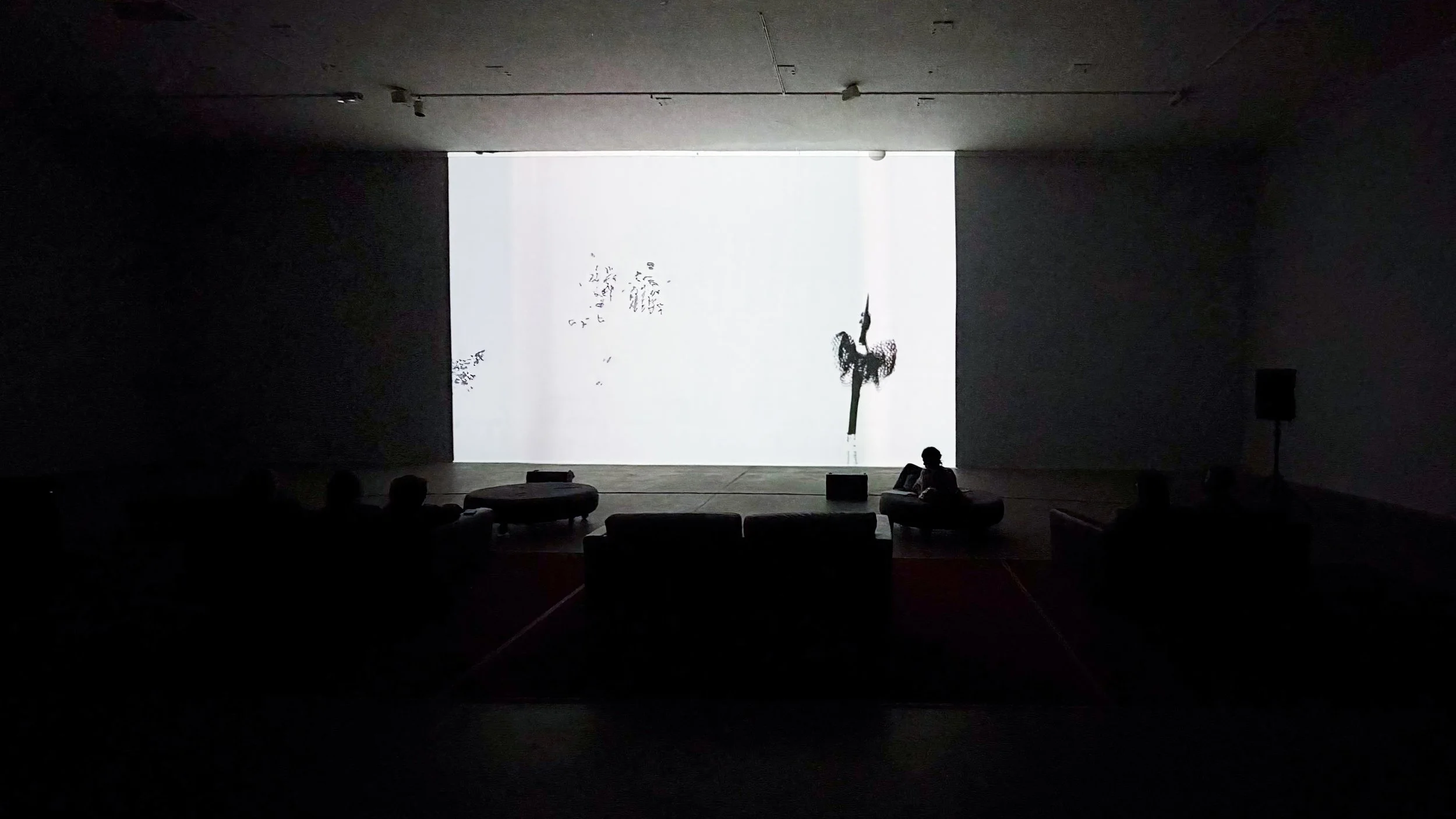 A darkened indoor space with a large illuminated screen displaying an experimental video by Pam Korman. Silhouetted audience members are seated in front of the screen.