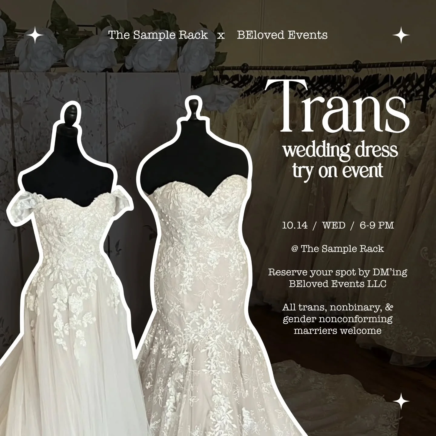 October 14th!! RSVP via the link in our bio to secure your spot!

This event is open to all Trans/nonbinary people who are considering wearing a wedding dress no matter where you are in your wedding planning journey.

@thesamplerack has an incredible