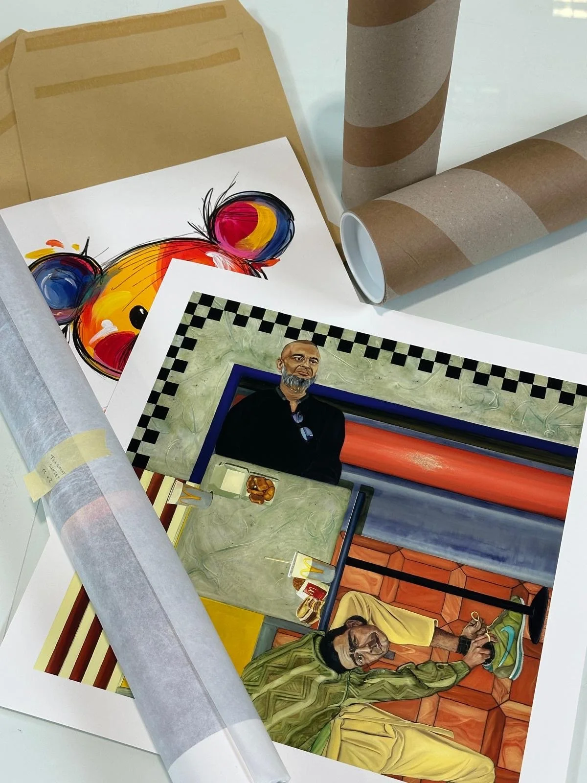 Photos of multiple colorful art prints, including a portrait of a man with a beard and glasses, a cartoonish animal face, and a woman lying on a patterned floor.