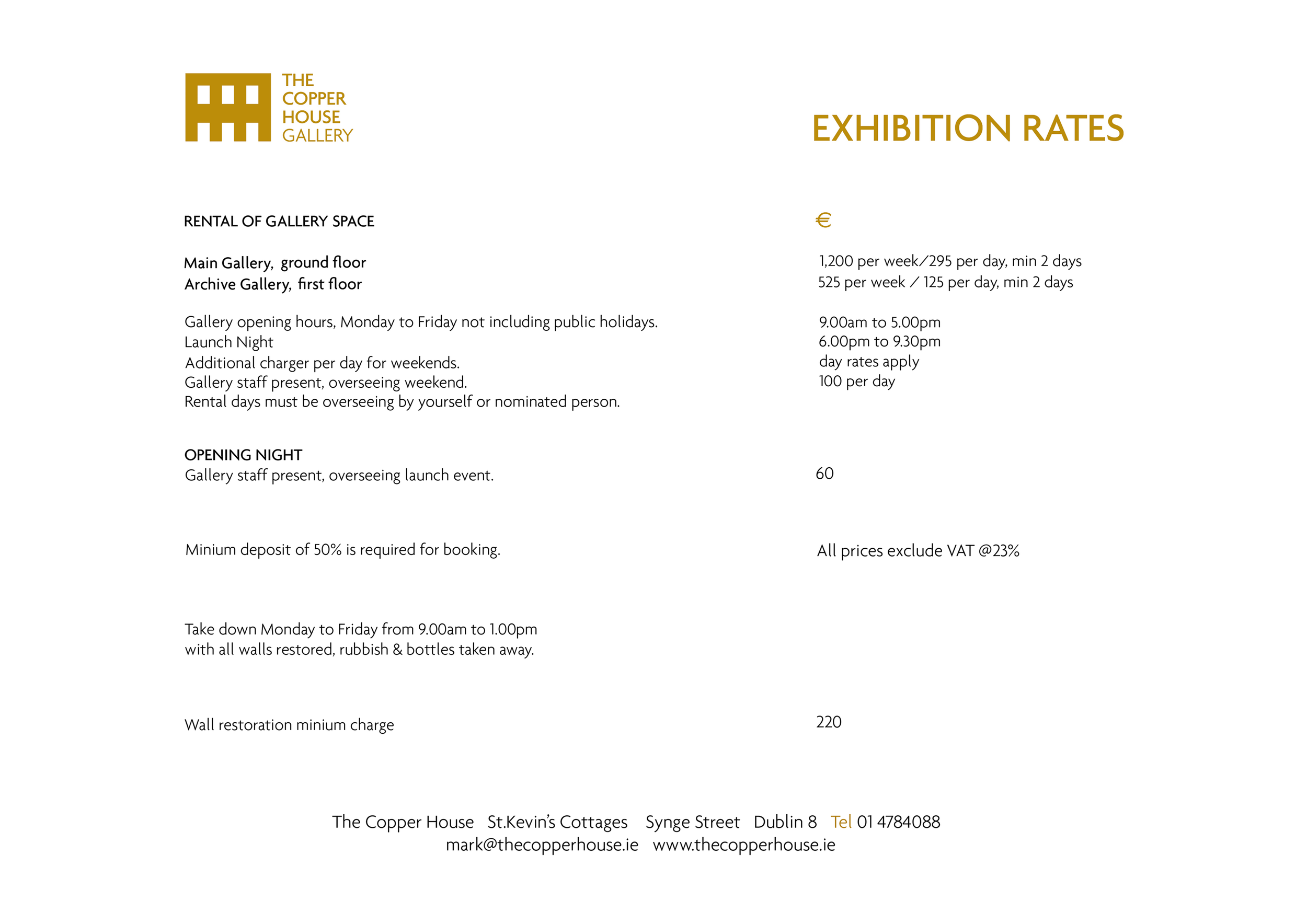 A document titled 'Exhibition Rates' from The Copper House Gallery detailing rental prices, opening hours, and contact information, with a logo at the top left corner.