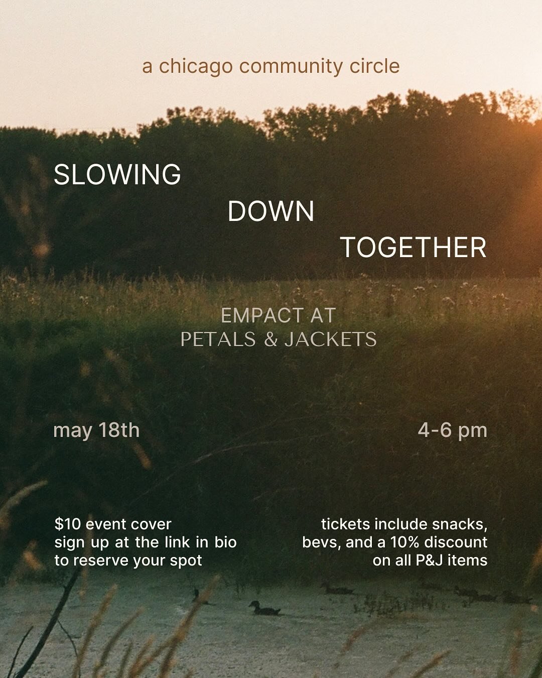 What can we do when the world is constantly overwhelming us? Slow down 🐌

Join Empact in slowing down for an afternoon of conversation and connection on Sunday, May 18th from 4-6pm. We&rsquo;ll be gathering with our Chicago community at the lovely P