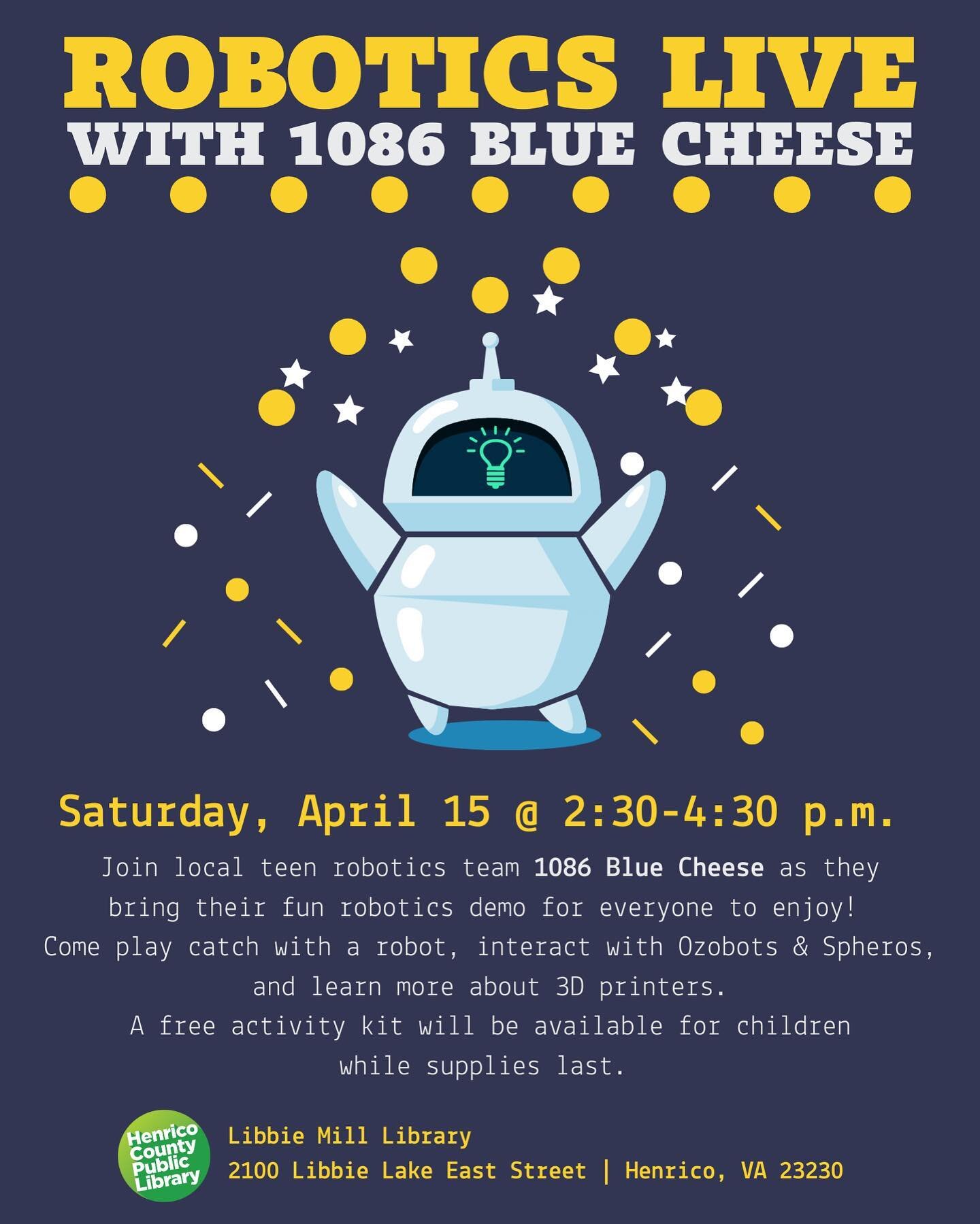 Come play catch with us with a robot, interact with Ozobots &amp; Spheros and learn about 3D printers this Saturday @libbiemilllibrary! See you there!
#STEM #omgrobots #firstchesapeake #whatsthatsmell&hellip;bluecheese!
