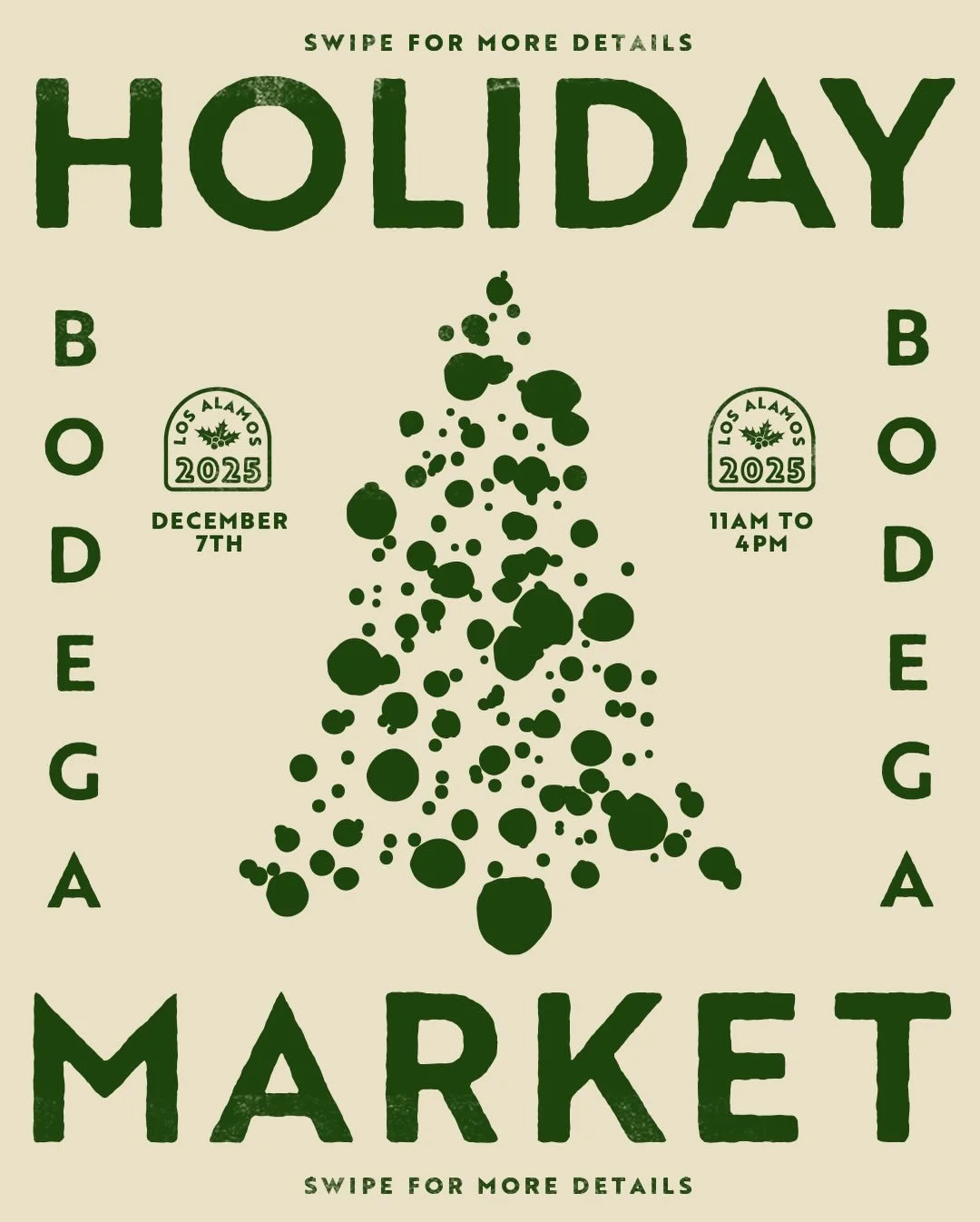 The Bodega Holiday Market is back on Sunday, December 7. Shop from @nowservingla, @inezoliveoil, @bread.bike and more, with @prieditebarbecue serving up burgers and tacos all afternoon. Bodega Wine Club members can pick up their wines and a holiday g