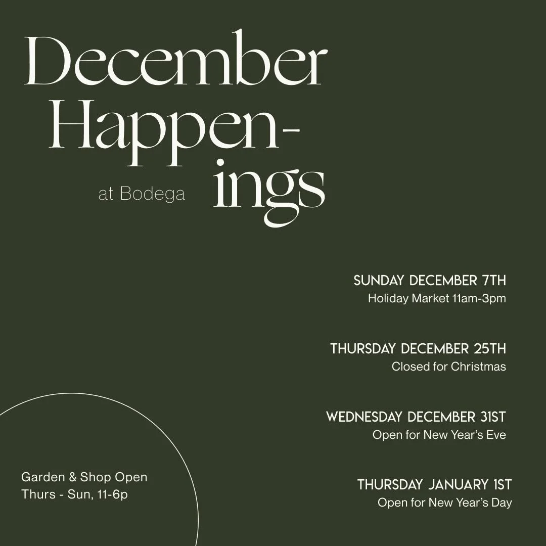 A look at December at Bodega. Don&rsquo;t miss our holiday market this Sunday from 11a-3p! Pop ups from @nowservingla, @inezoliveoil, @bread.bike, @dirtyfolk.co and of course @prieditebarbecue 🎄 Also open NYE &amp; NYD.. come ring in the new year wi