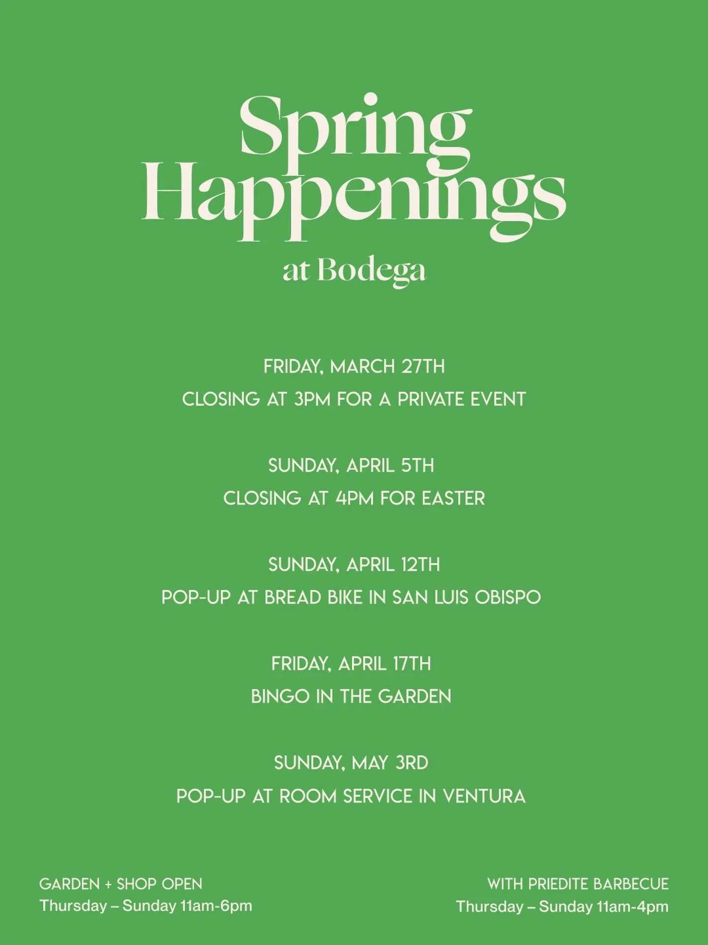 Spring at Bodega &mdash; BINGO is BACK! 

Save the date for our pop-ups with @bread.bike and @roomserviceroasters, more details to come 🌼🌼