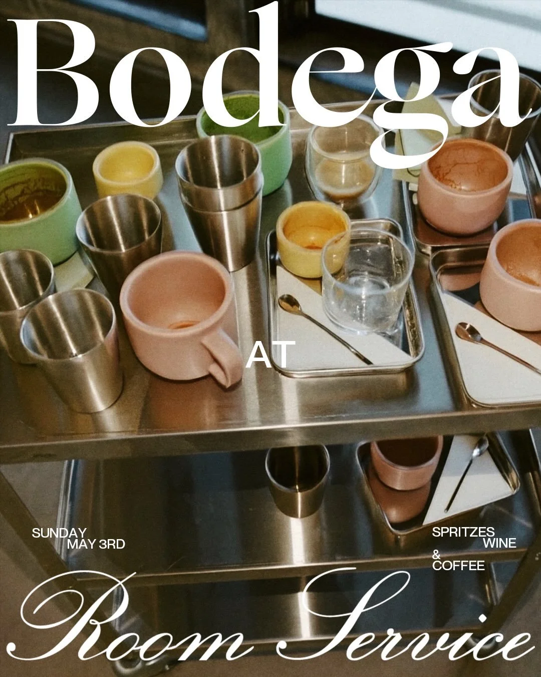 We&rsquo;re hitting the road to pop up with our pals at @roomserviceroasters in Ventura! Come hang next Sunday, May 3rd at 10am for spritzes, mimosas, wine and beer by Bodega plus Room Service coffee, matcha, and @skylarbryce pastries. Gonna be a goo