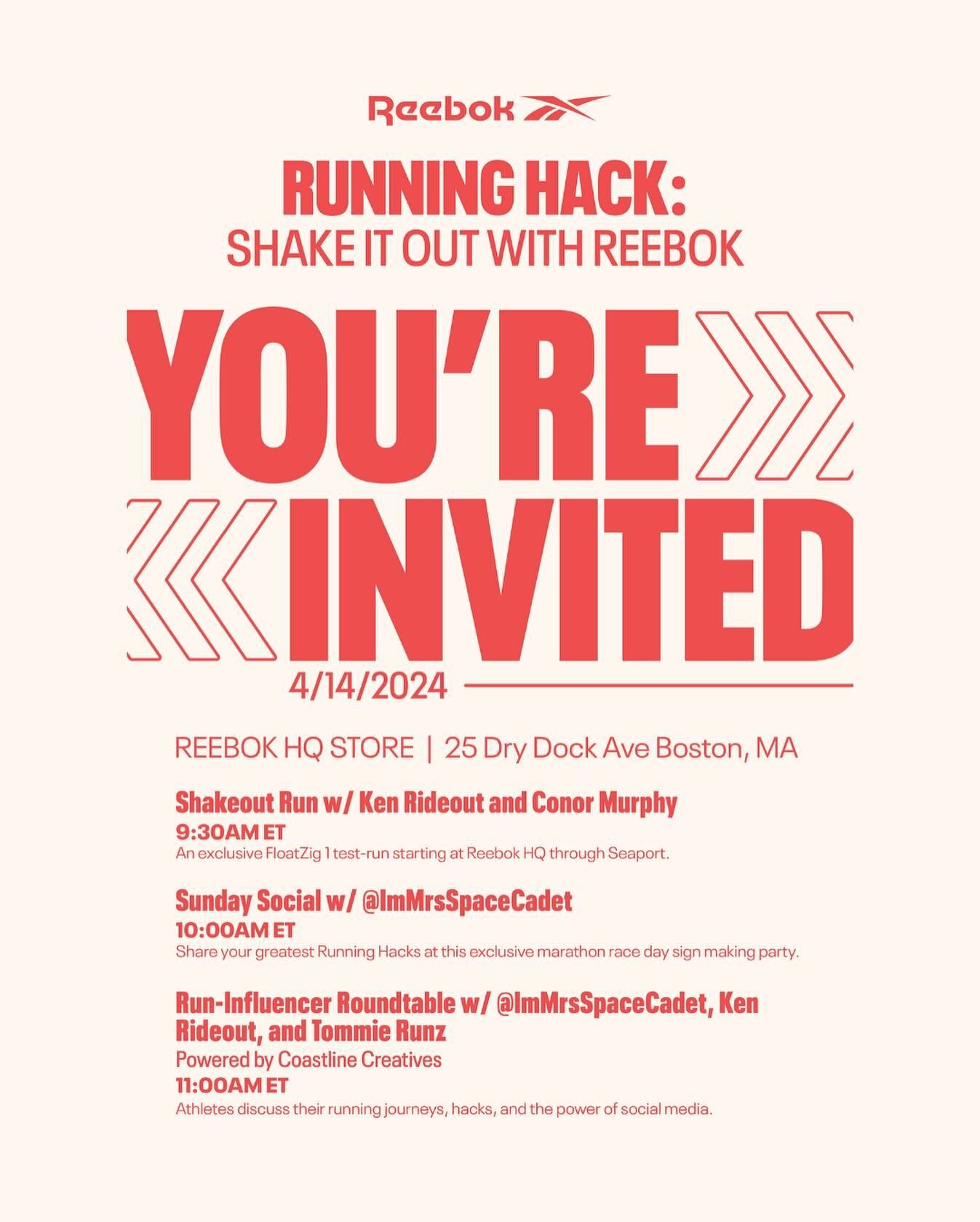 EVENT INVITE | in boston for marathon weekend? mark your calendars to join @reebok &amp; the @coastlinecreatives squad sunday morning (4/14). they&rsquo;ll be a shakeout, snacks, sign making and a conversation hosted by our ceo with @immrsspacecadet,