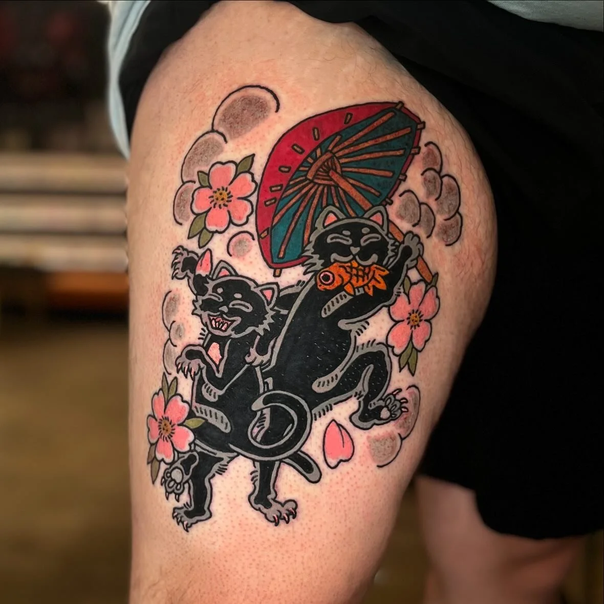 Had a great time turning my clients cats, Millie and Marshall into this bakeneko tattoo! 
🐱🐱🐱🐱🐱🐱🐱🐱🐱🐱🐱🐱🐱🐱
.
.
.
.
.
.
.
.
.
.
.
.
#bakenekotattoo #dancingcats #japanesefolklore #yokai #bakeneko #cats #cattattoo #eugeneoregon #eugeneorego