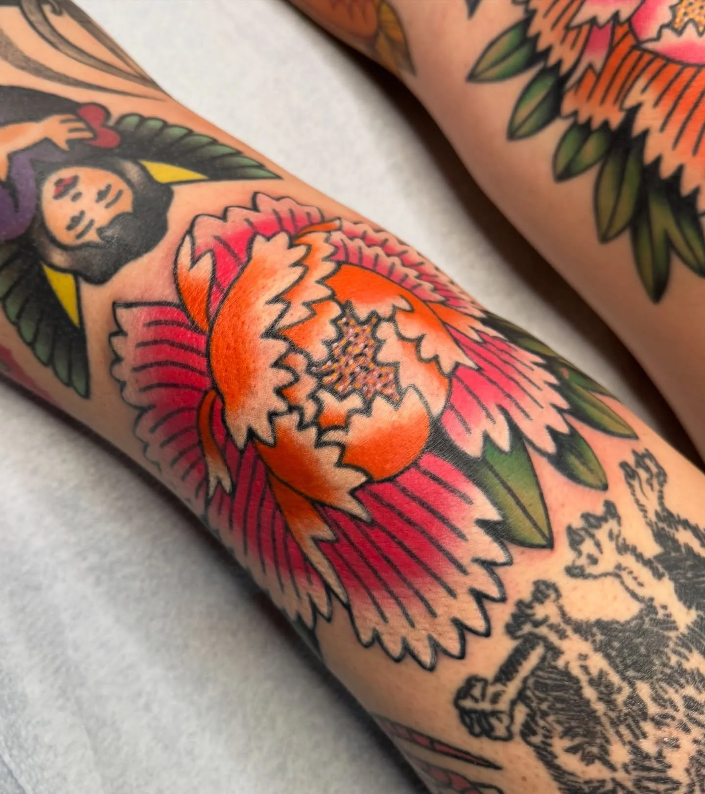 Loved making these flowers for @_jellybones_ knees 🫶🌟 In this photo the lines are healed and color is fresh! My books are open for tattoos this October, November & December! Send me an email to get a tattoo set up 💗 rarespidertattoo@gmail.com