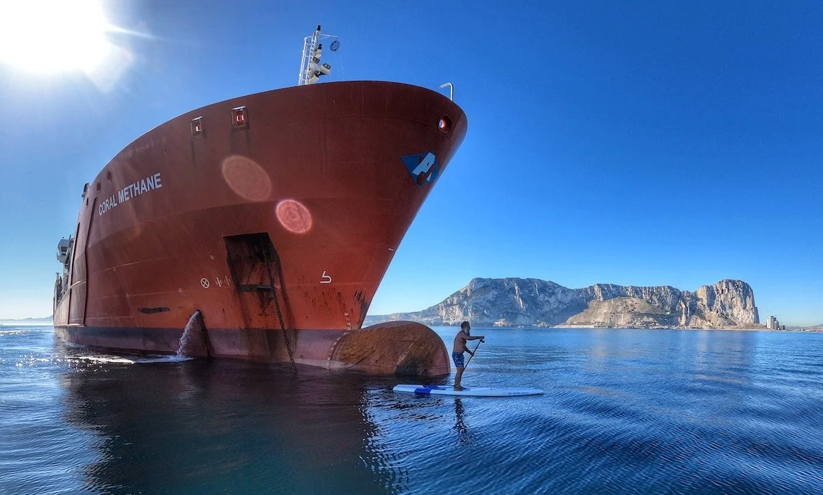  3 miles out on a calm glassy day at the Straits of Gibraltar. Navigating the high seas on a SUP! | Photo courtesy: Alex Trinidad, Supconnect Photo Contest 2023 