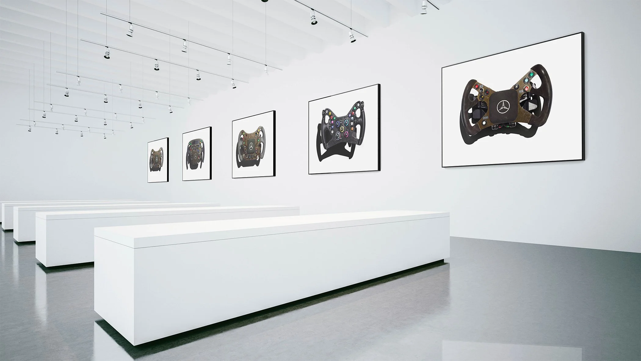 White Cube gallery space with fine art prints of Grand Prix winning Formula 1 race used steering wheels. Visually striking artworks of iconic race helmets available for all dedicated fans of motor racing.