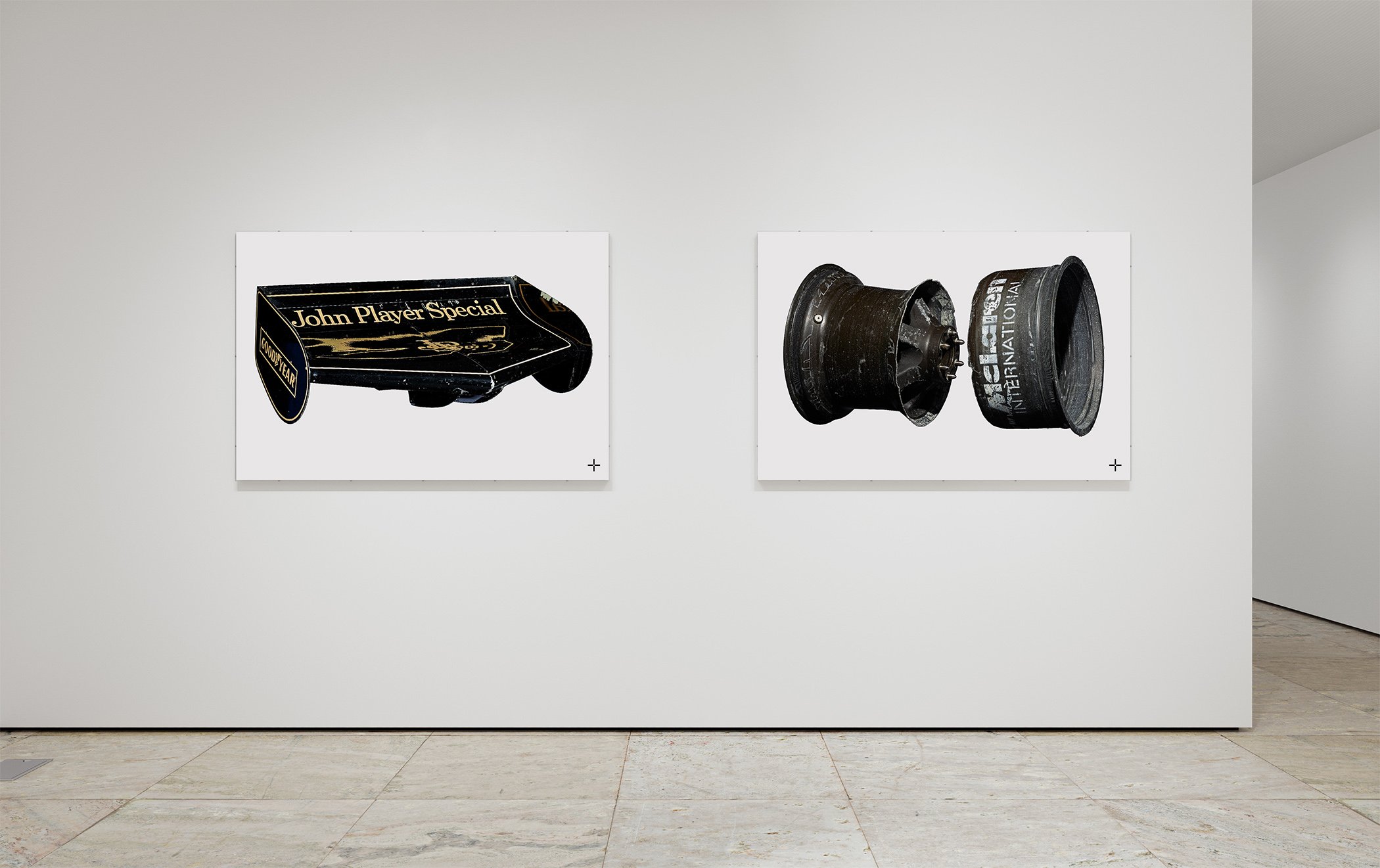 White Cube gallery space with fine art prints of Grand Prix winning Formula 1 raced memorabilia belonging to Mario Andretti and Ayrton Senna. Visually striking artworks of iconic race helmets available for all dedicated fans of motor racing.