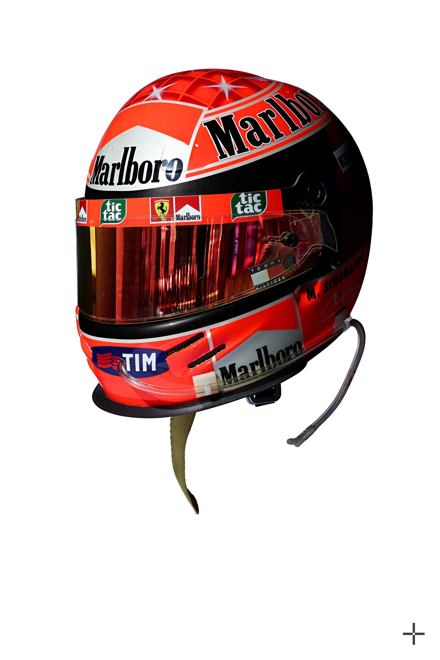 Fine art photographic print of iconic Grand Prix winning helmet belonging to racing legend Michael Schumacher: a multi-focal composit artwork of astonishing clarity and depth. The perfect automotive gift for collectors.