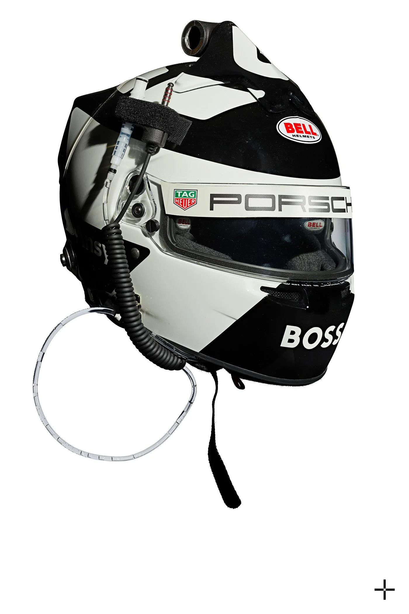 Fine art photographic print of iconic black and white racing helmet belonging to 3 times Le Mans winning racing legend Andre Lotterer: a multi-focal composit artwork of astonishing clarity and depth. The perfect automotive gift for collectors.