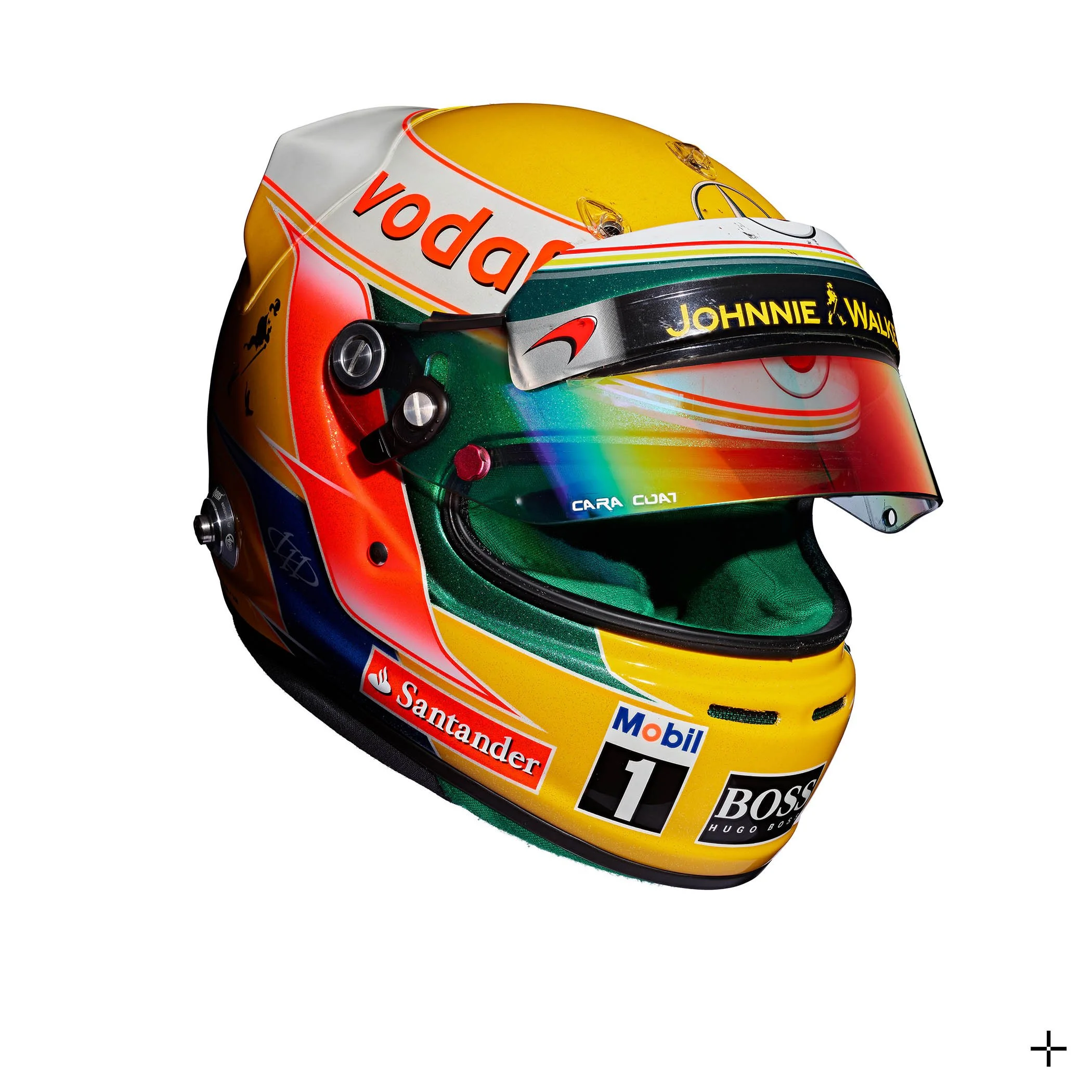 Fine art photographic print of iconic Grand Prix winning helmet belonging to racing legend Sir Lewis Hamilton: a multi-focal composit artwork of astonishing clarity and depth. The perfect automotive gift for collectors.
