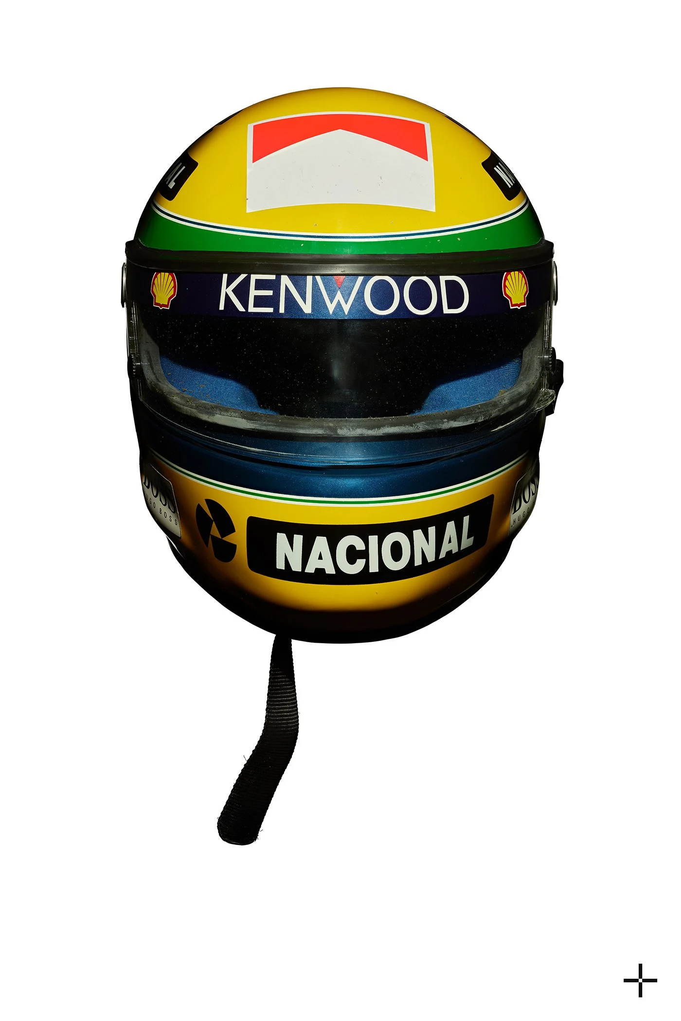 Fine art print of Ayrton Senna's race-worn Formula 1 helmet from 1993, most famously worn at his legendary drive at Donington Park. 3x F1 World Champion, 41 wins from 161 races. Part of Legacy+Art's 'The Art of Racing' collection.