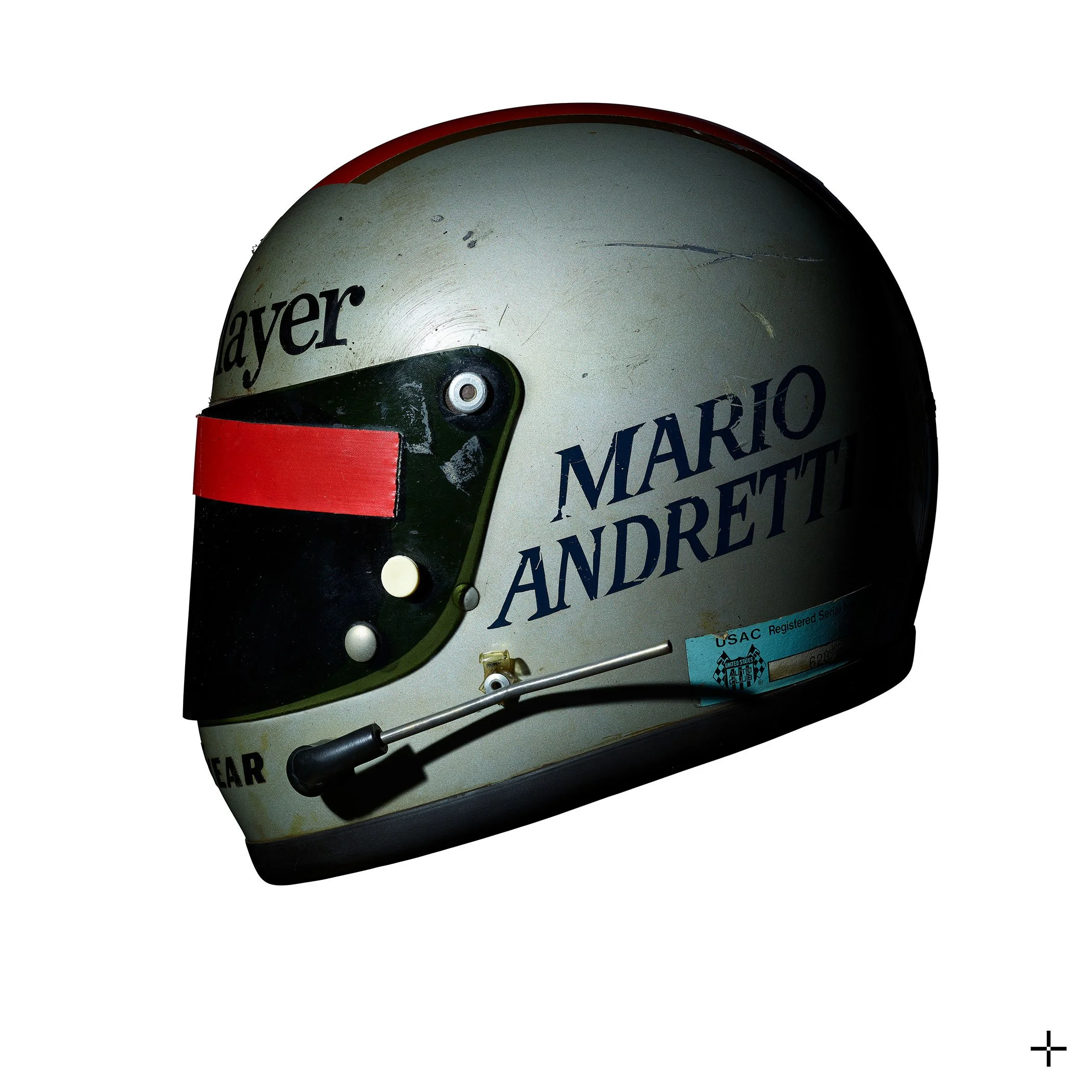 Fine art photographic print of iconic Grand Prix winning helmet belonging to racing legend Mario Andretti: a multi-focal composit artwork of astonishing clarity and depth. The perfect automotive gift for collectors.