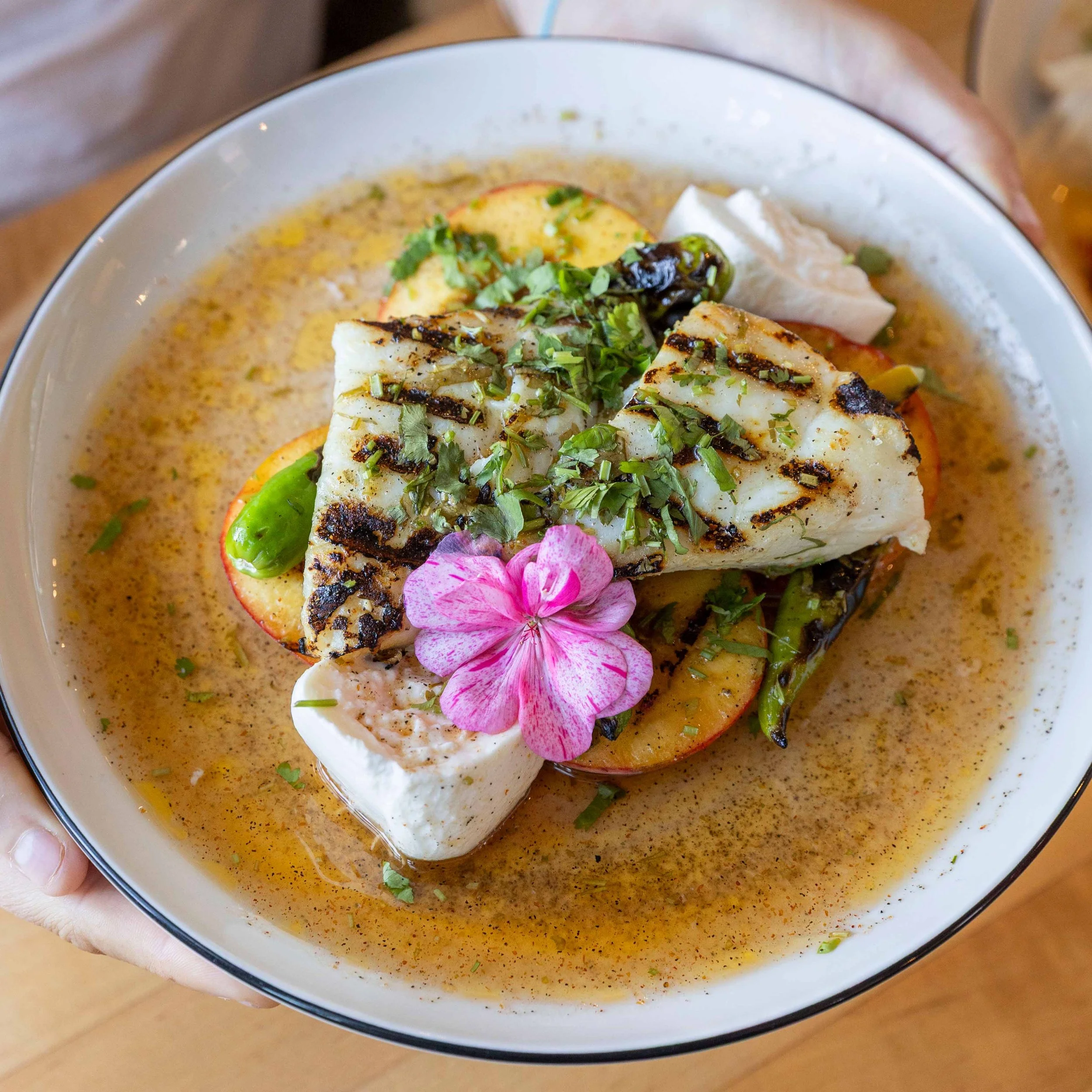 Grilled Halibut & Peaches Burrata (Serves 2)