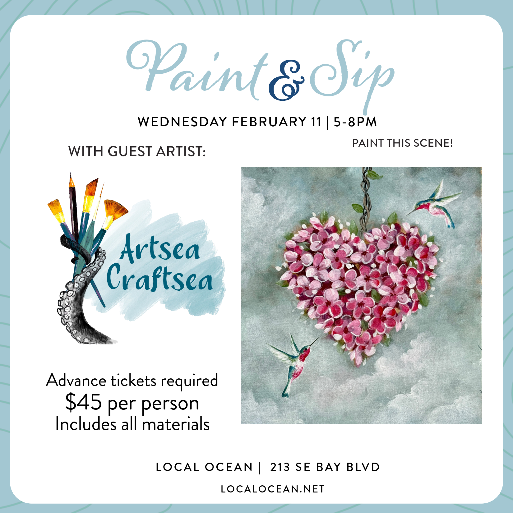 February Paint &amp; Sip w/ Artsea Craftsea