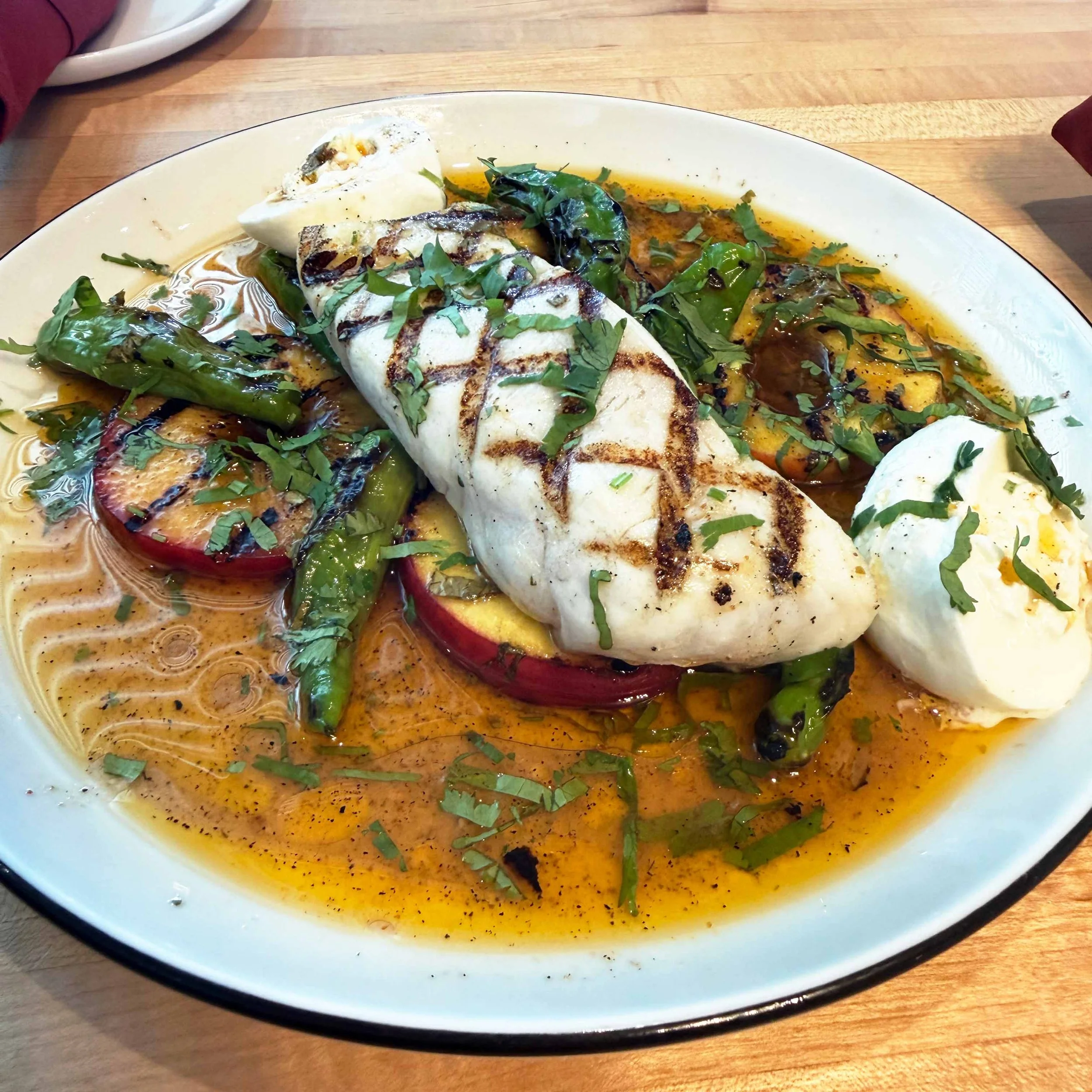 Grilled Halibut & Peaches Burrata (Serves 2)