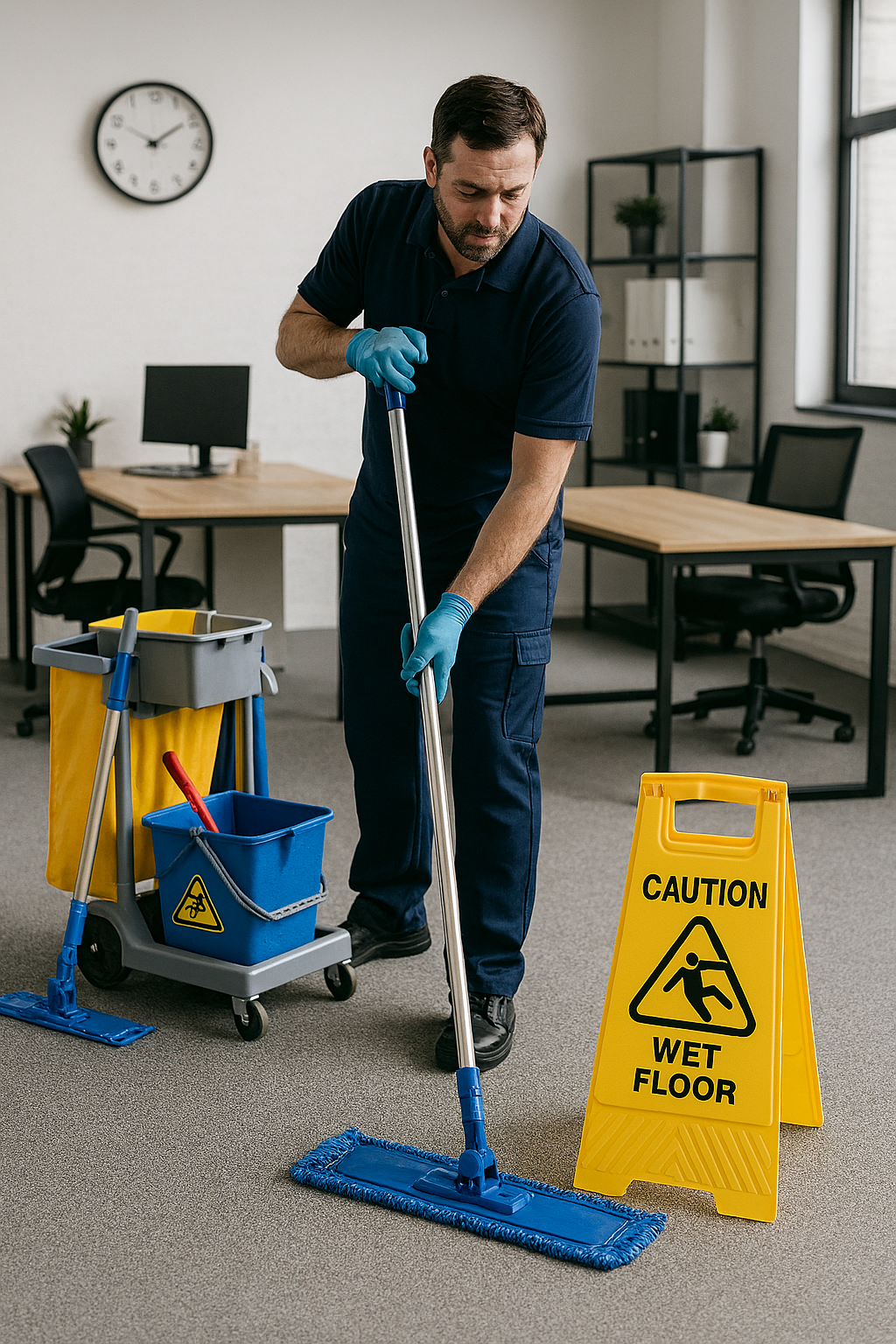 Worker polishing hard floor to high gloss; clear reflections on surface.
