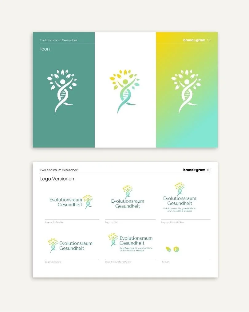 Logoentwicklung für den Evolutionsraum Gesundheit mit verschiedenen Logo-Varianten und Markenzeichen im Brand Guide