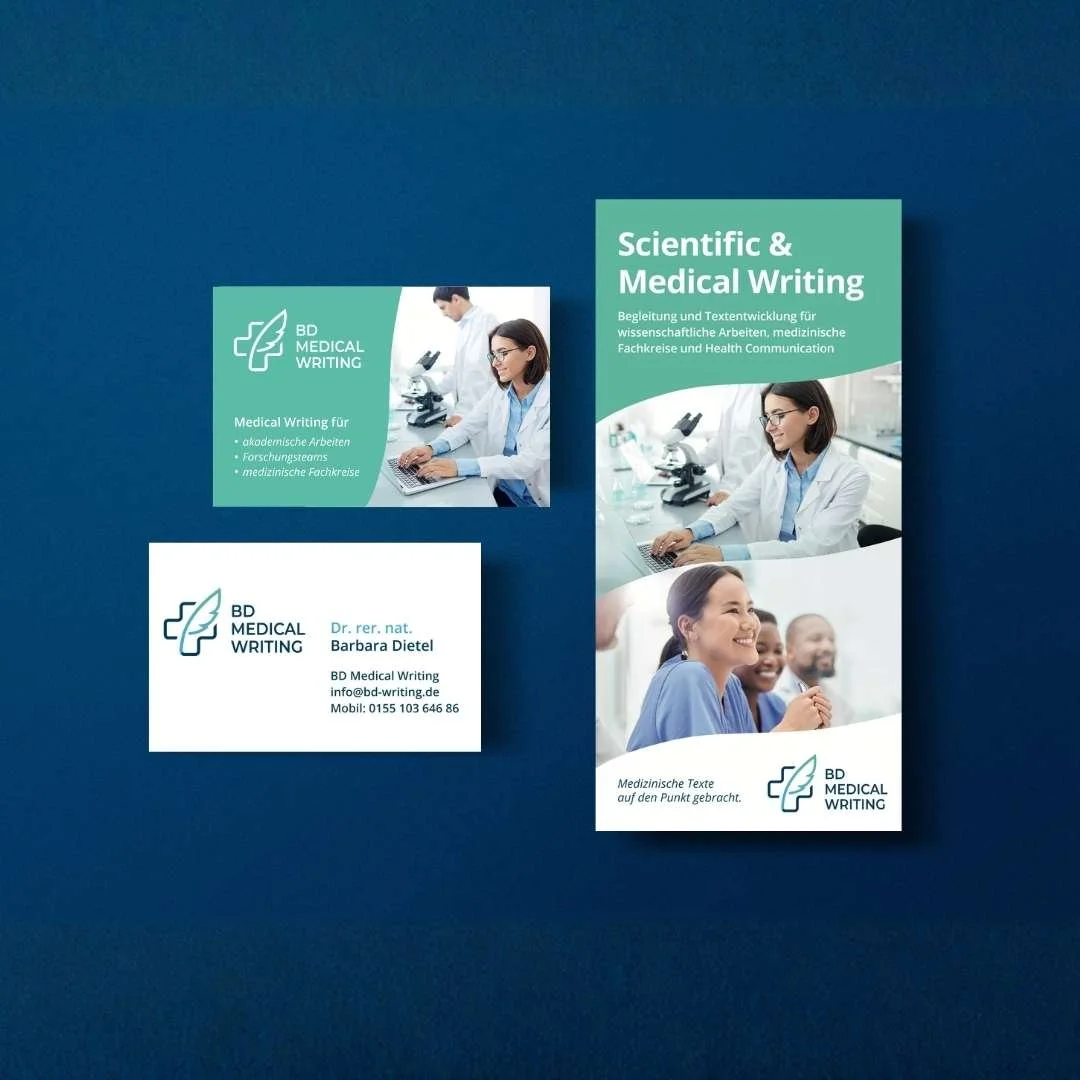 Brand Design für BD Medical Writing mit Logo, Visitenkarten und Flyer auf dunkelblauem Hintergrund