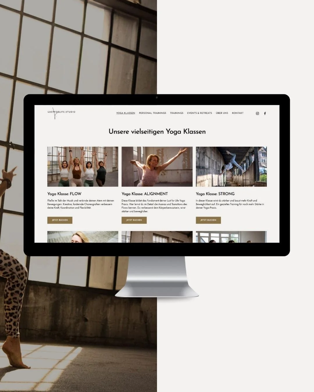 Strukturierte Übersicht der Dienstleistungen auf der Website des Lust for Life Yoga Studios in Nürnberg.