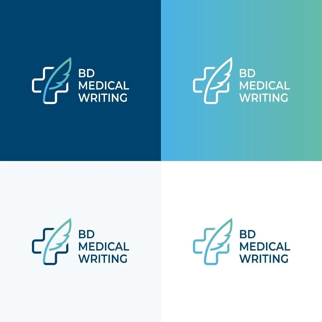 Logo-Varianten von BD Medical Writing auf dunkelblauem, türkisfarbenem, hellgrauem und weißem Hintergrund
