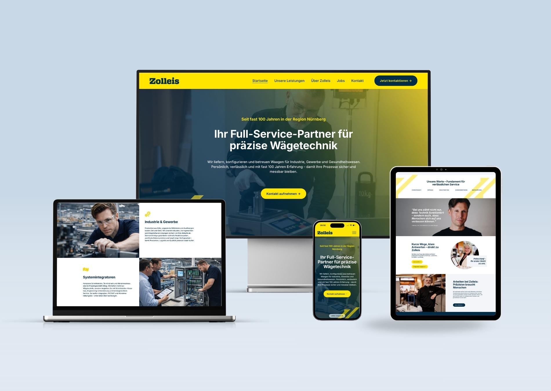 Responsive Website der Zolleis Waagen GmbH auf Desktop, Laptop, Tablet und Smartphone.