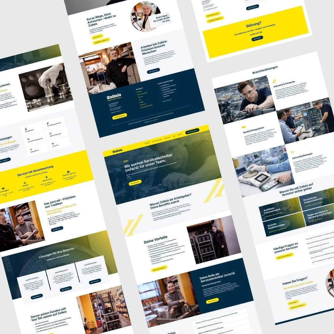 Website-Layouts für Leistungen, Branchenlösungen und Karriere bei Zolleis Waagen.