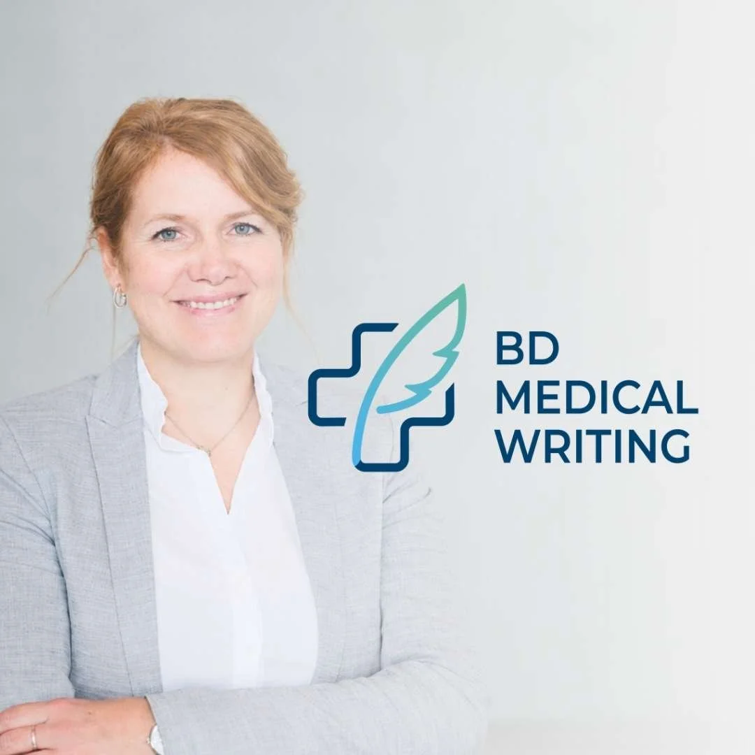 Portrait von Barbara Dietel neben dem Logo von BD Medical Writing im hellen Corporate Design