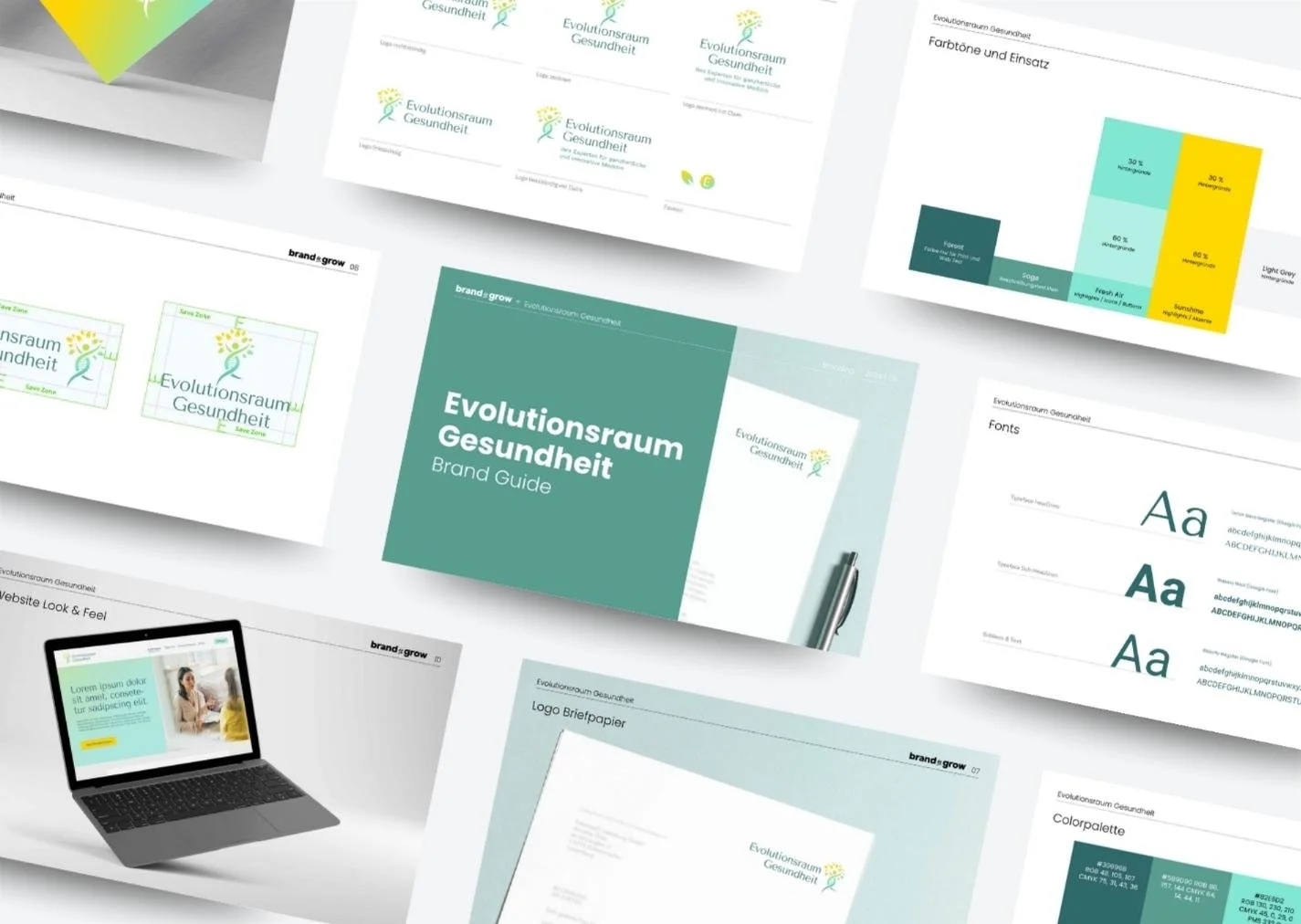 Brand Guide für den Evolutionsraum Gesundheit mit Logo, Farben, Typografie und Anwendung des Corporate Designs