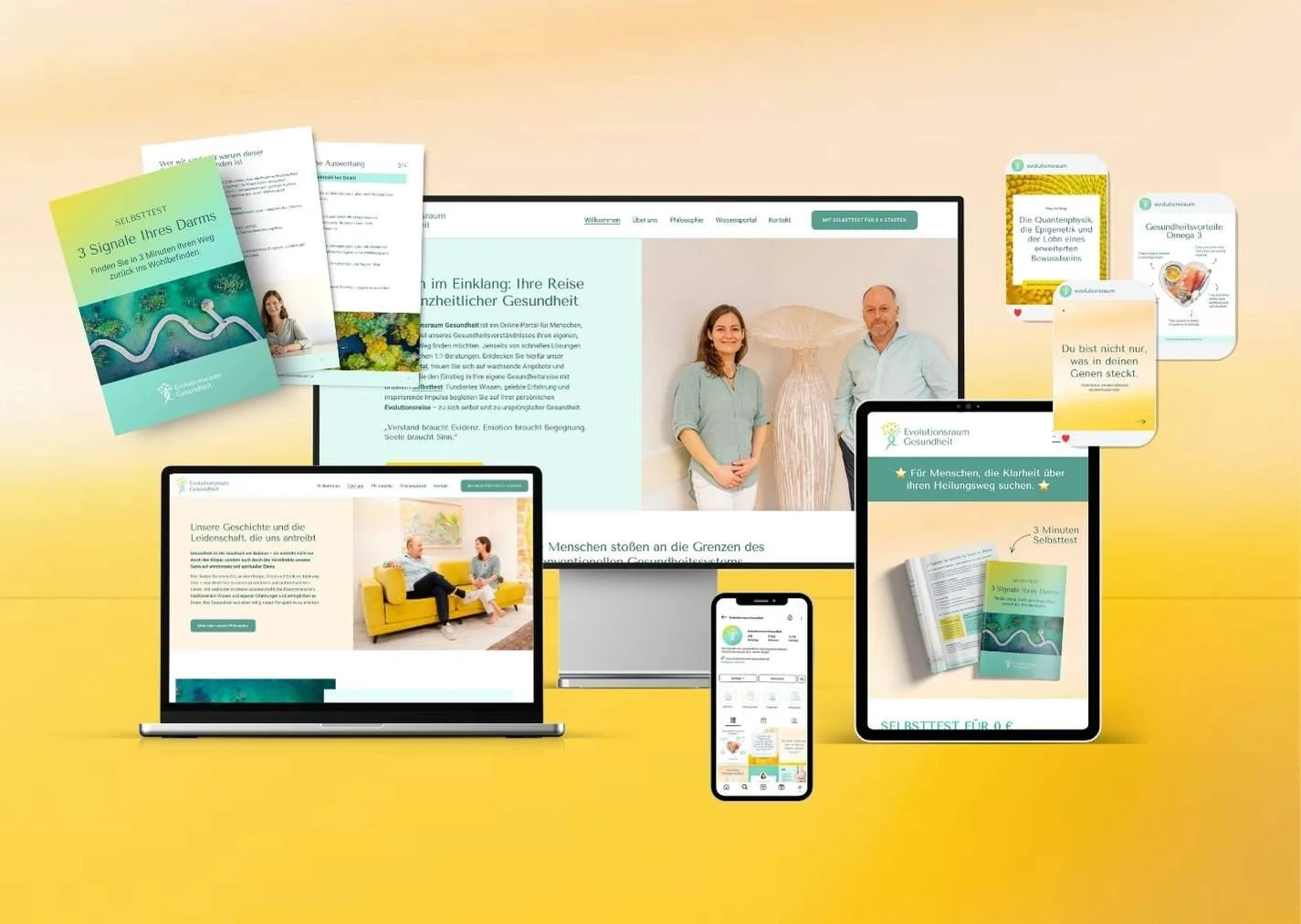 Ganzheitliche Markenentwicklung für die Gesundheitsbranche mit Corporate Design, Website, digitalen Produkten, Freebie und Social Media.