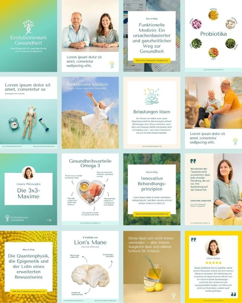 Social-Media- und Canva-Vorlagen für Gesundheitsthemen, Epigenetik und Darmgesundheit im Corporate Design des Evolutionsraums