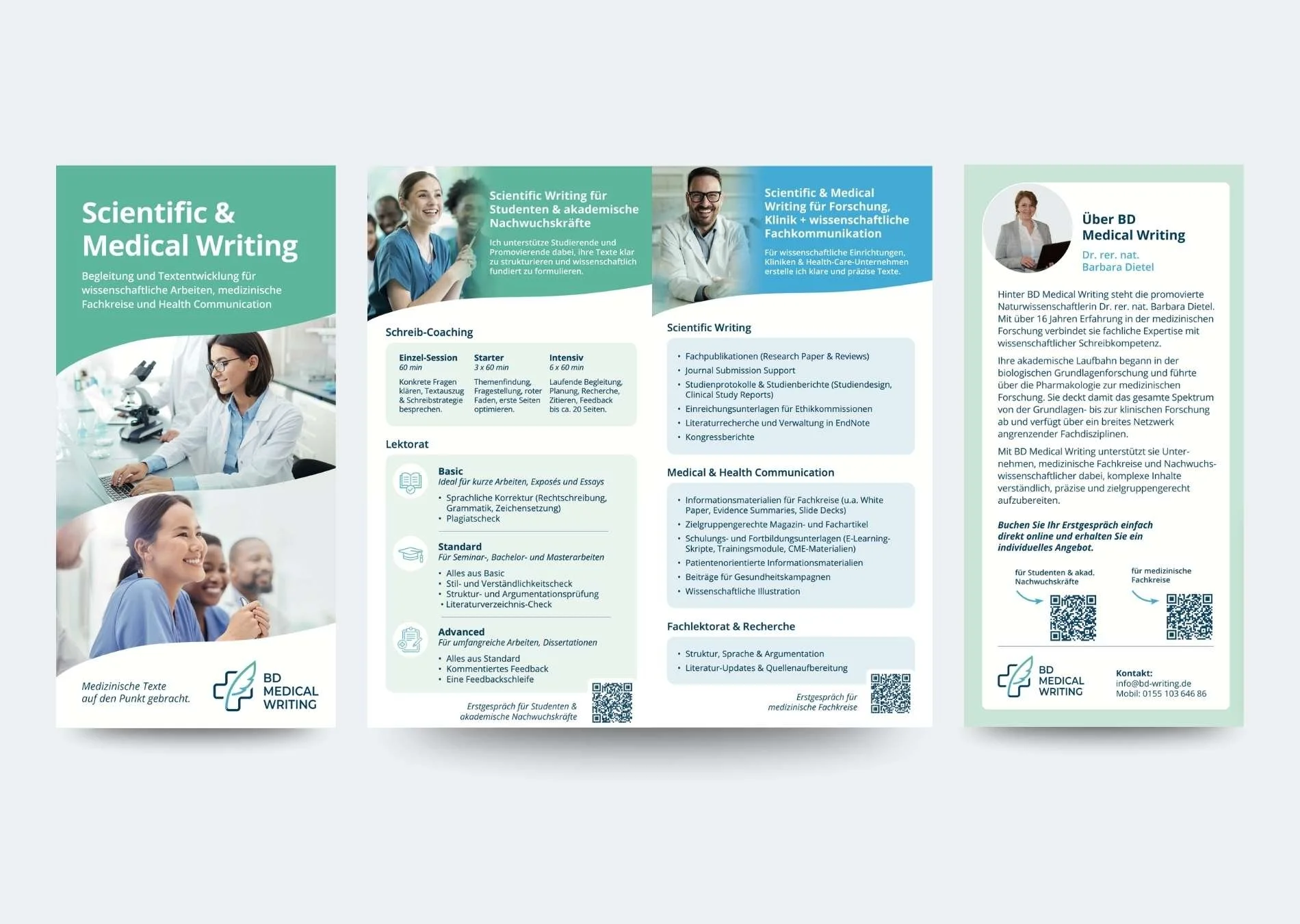 Übersicht aller Flyerseiten im Corporate Design von BD Medical Writing mit Leistungen für akademische Nachwuchskräfte und Fachkreise